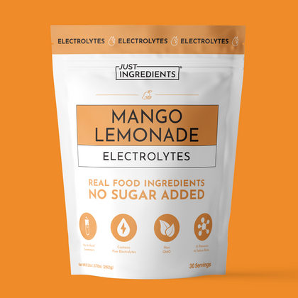 Pouch of Mango Lemonade Electrolytes showing 30 servings and no sugar added