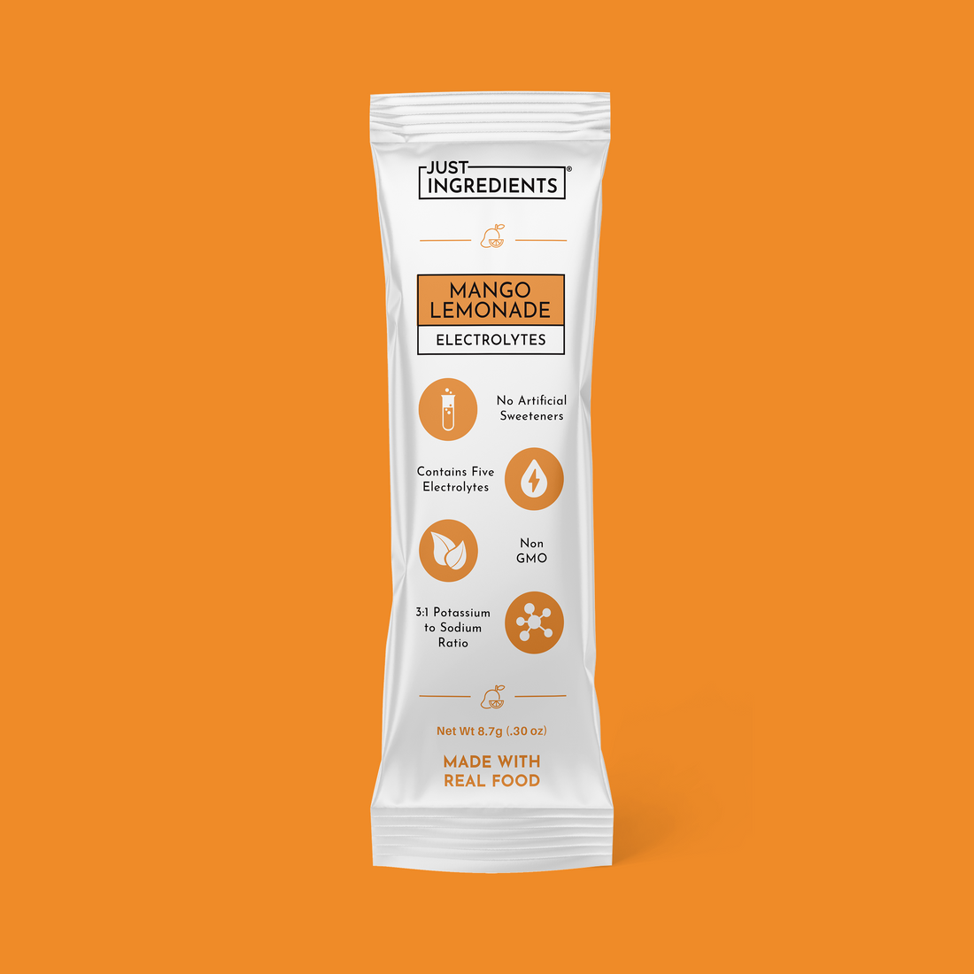 Single-serve Mango Lemonade electrolyte stick packet showing ingredient highlights and nutrition panel.