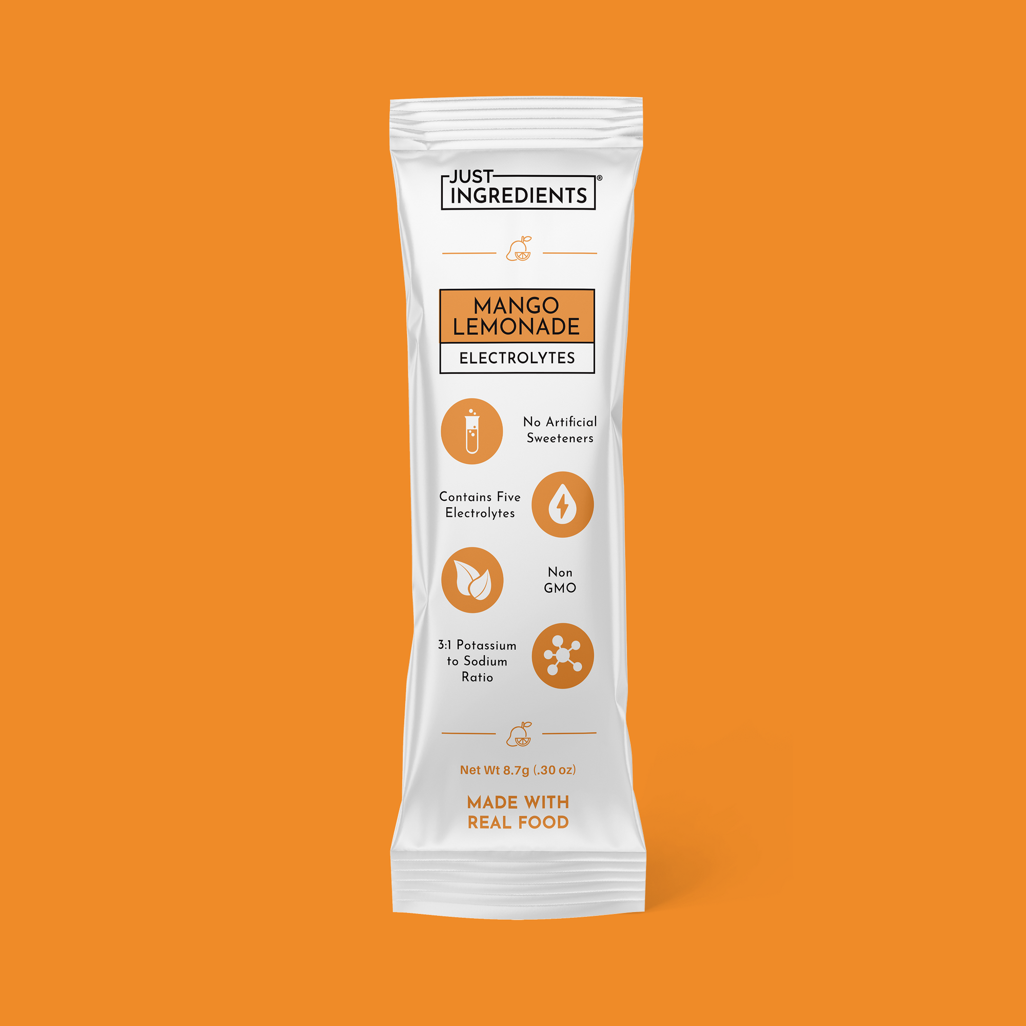 Single-serve Mango Lemonade electrolyte stick packet showing ingredient highlights and nutrition panel.