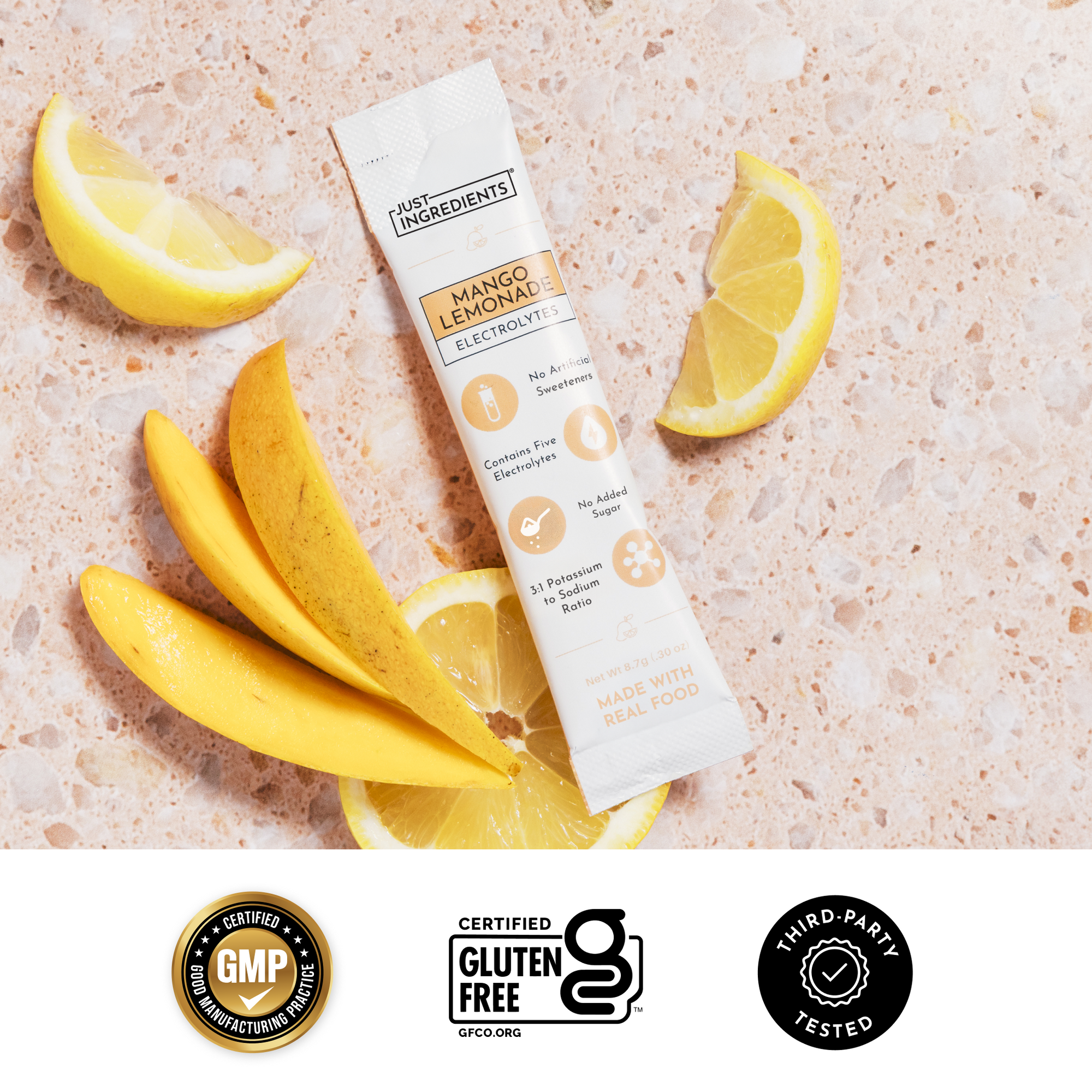 Checklist graphic listing real fruit, no added sugar, and no artificial flavors for the electrolyte mix.