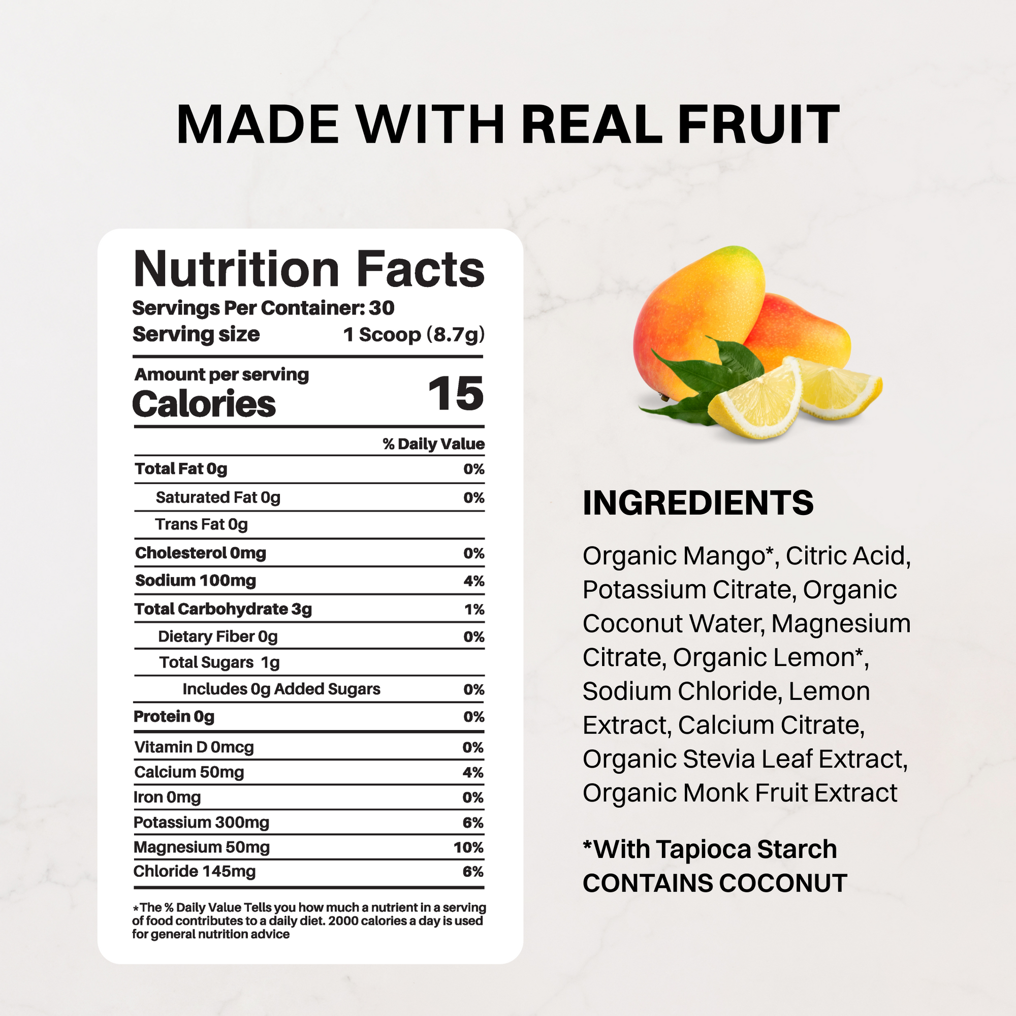 Mango Lemonade Electrolytes pouch with sliced lemons and a mango