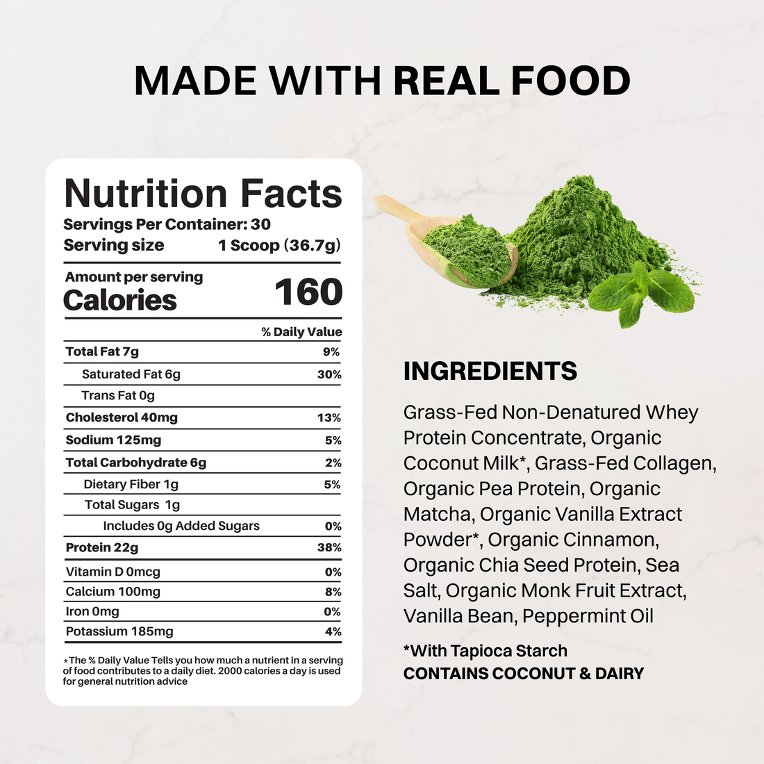 Matcha Mint Protein Powder - Nutrition Panel