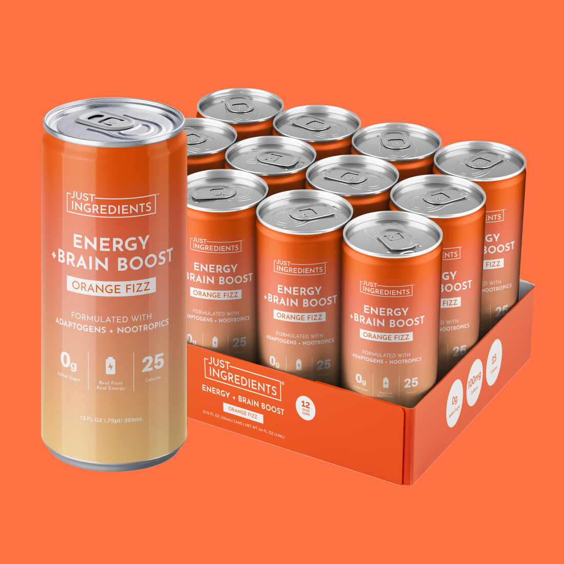 Twelve cans of Orange Fizz Energy + Brain Boost in bright orange-and-beige packaging stacked together.