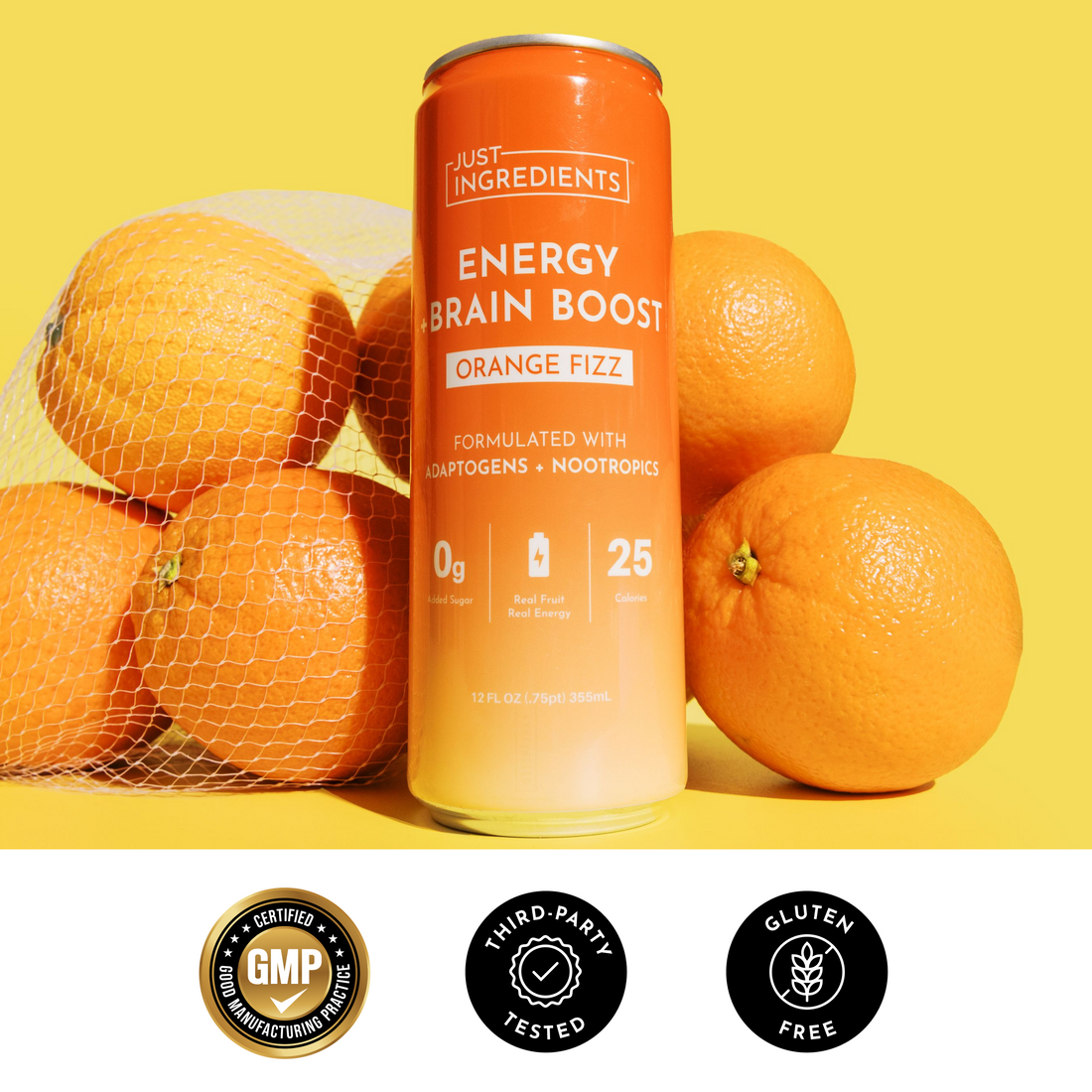 Checklist graphic showing features: real fruit flavor, caffeine, B vitamins, no added sugars.