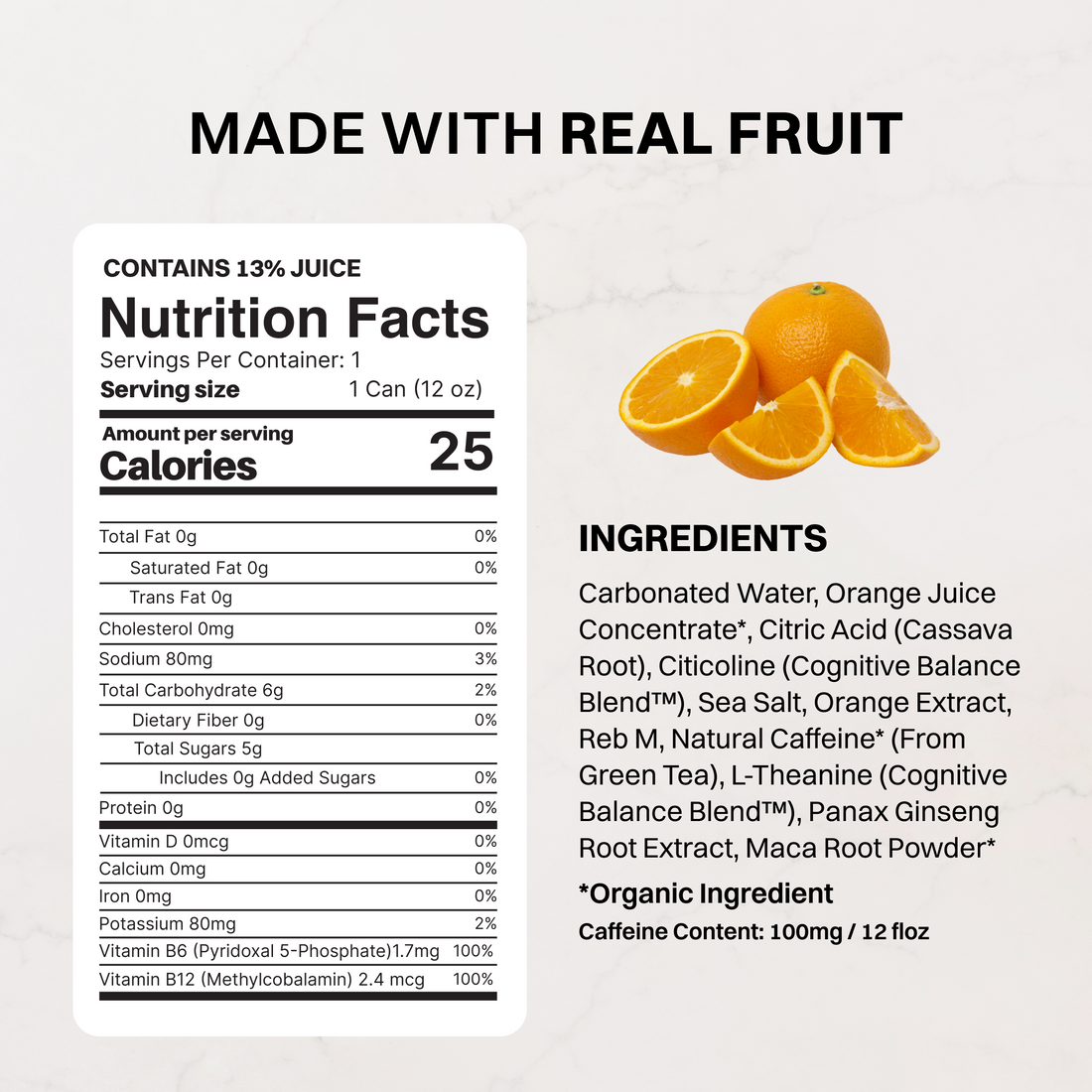 Single can of Orange Fizz Energy + Brain Boost next to fresh oranges on a yellow background.