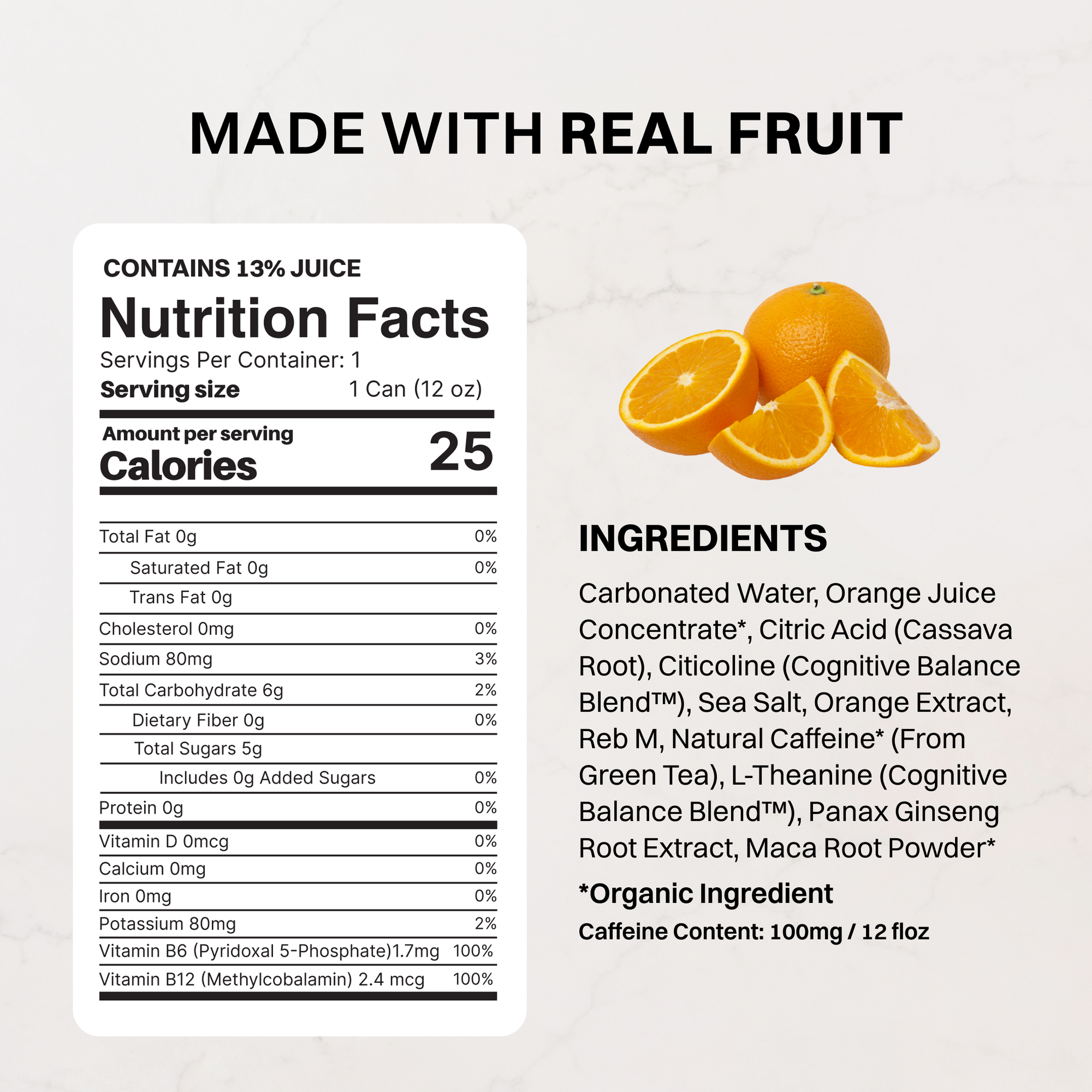 Single can of Orange Fizz Energy + Brain Boost next to fresh oranges on a yellow background.