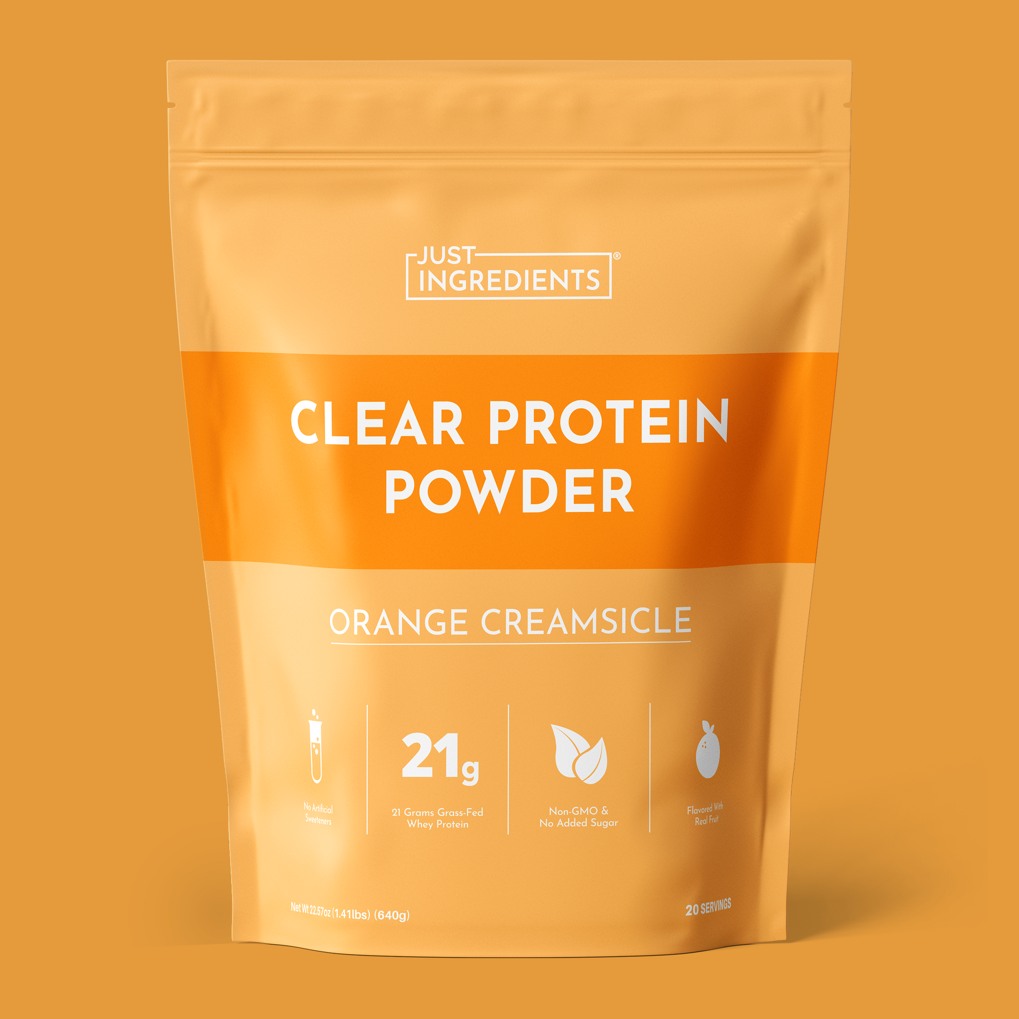Orange Creamsicle clear protein powder pouch with label, nutrition facts, and serving details on white background.