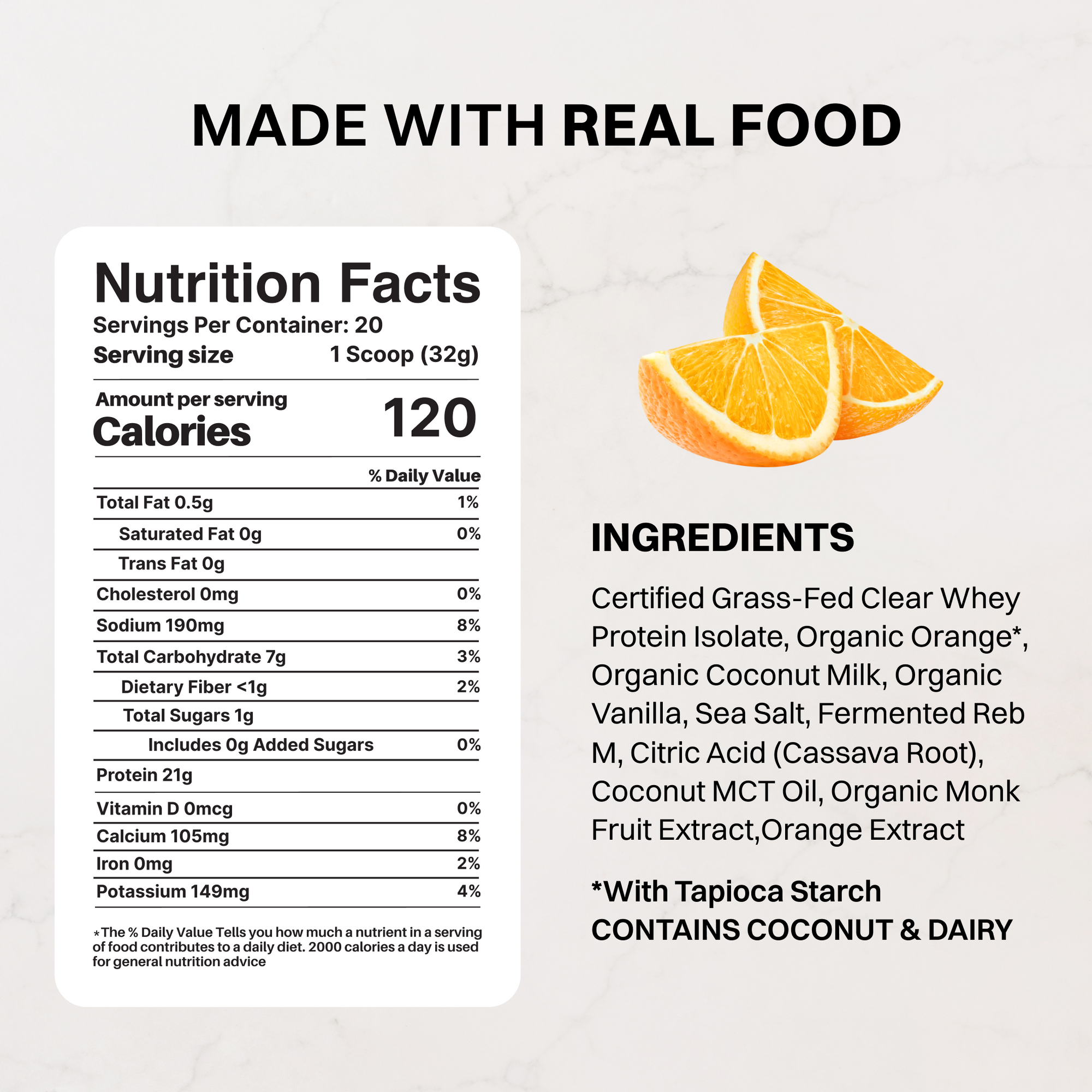 Comparison chart showing product attributes and standards for Just Ingredients clear protein powder.