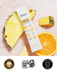 Checklist graphic showing electrolyte benefits with illustrations of strawberries, lemons, and pineapple.