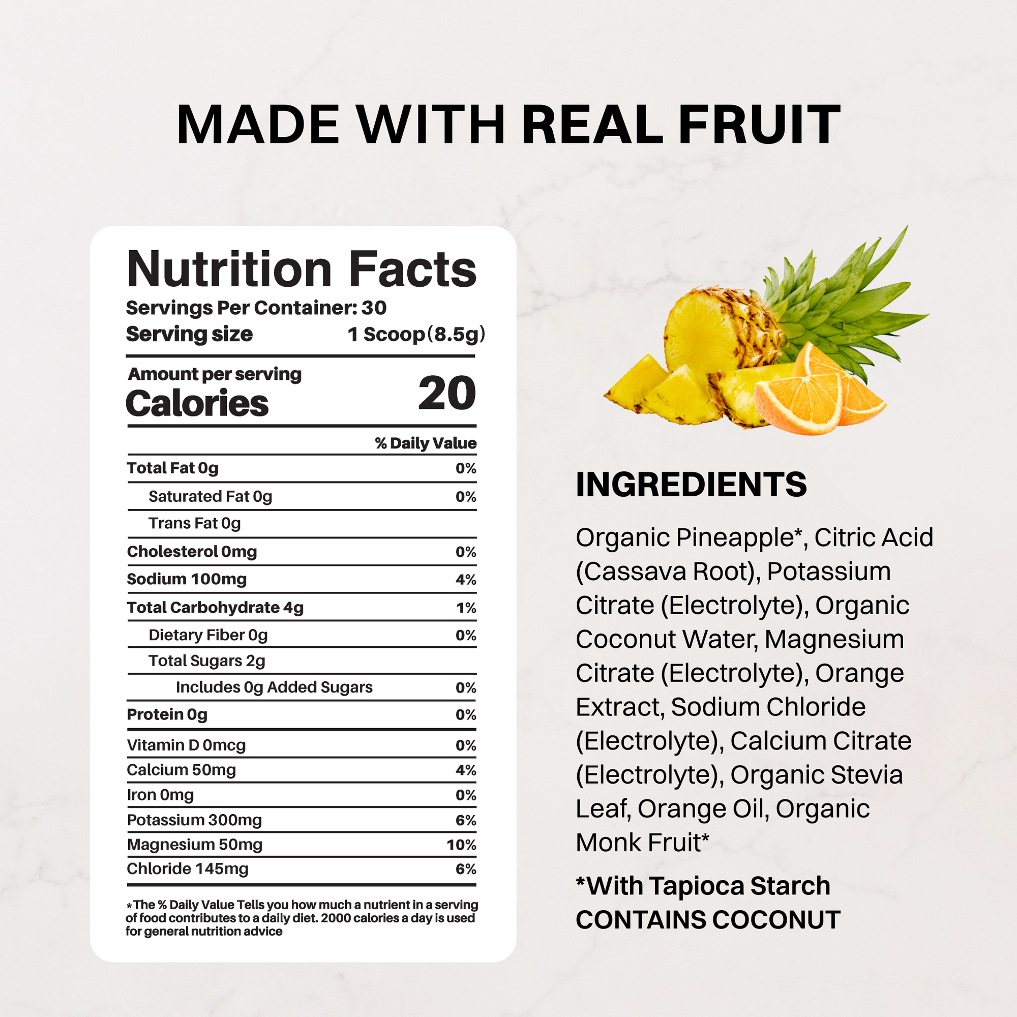 Orange Pineapple Electrolytes nutrition panel