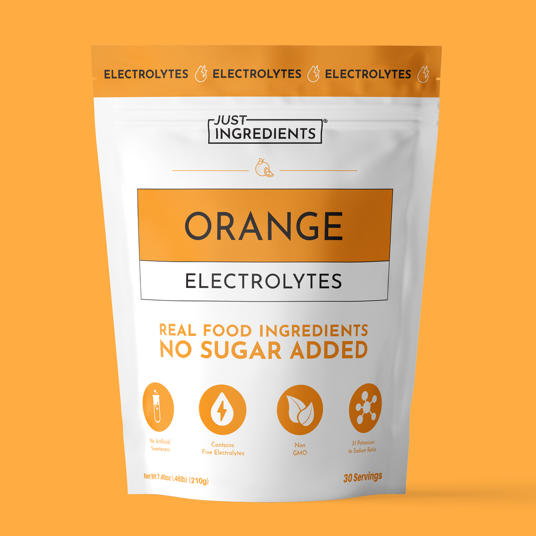 Front pouch of Orange Electrolytes powder with scoop and orange slice illustration