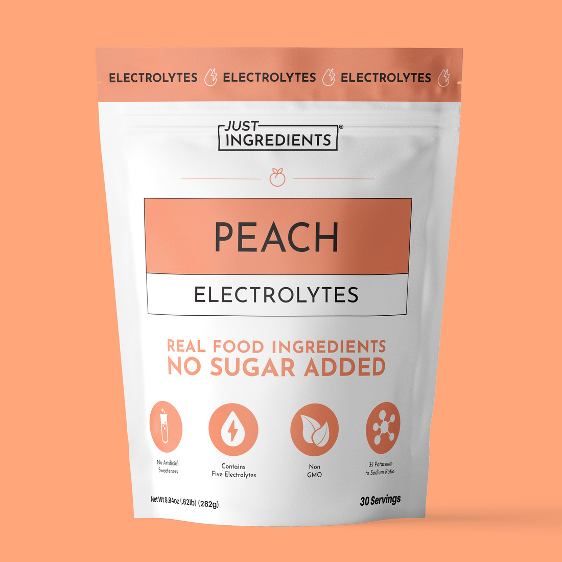 Peach Electrolytes product pouch front label with peach illustration