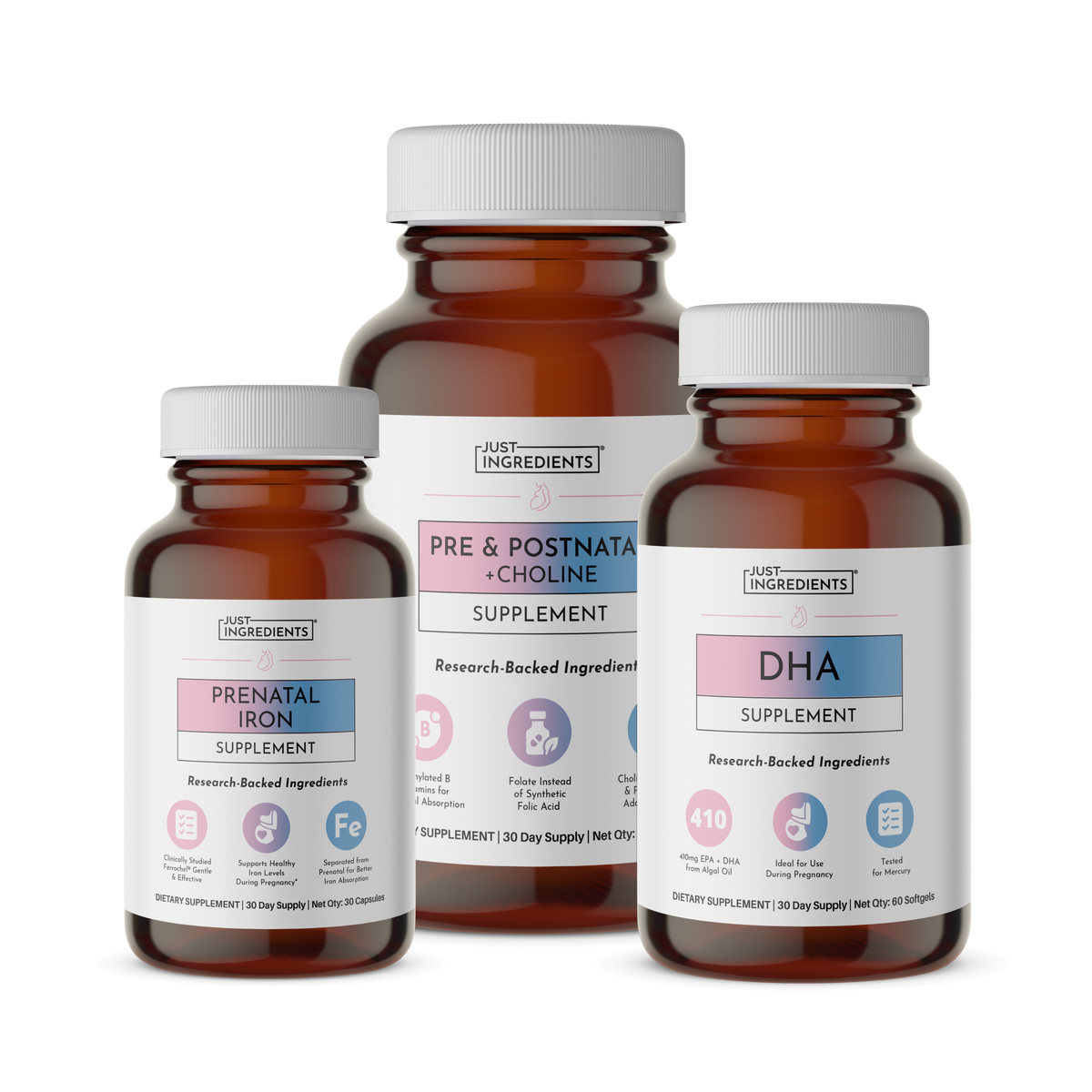 Three brown glass supplement bottles with white caps labeled Prenatal Iron, Pre &amp; Postnata + Choline, and DHA supplements.