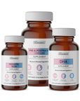Three brown glass supplement bottles with white caps labeled Prenatal Iron, Pre & Postnata + Choline, and DHA supplements.