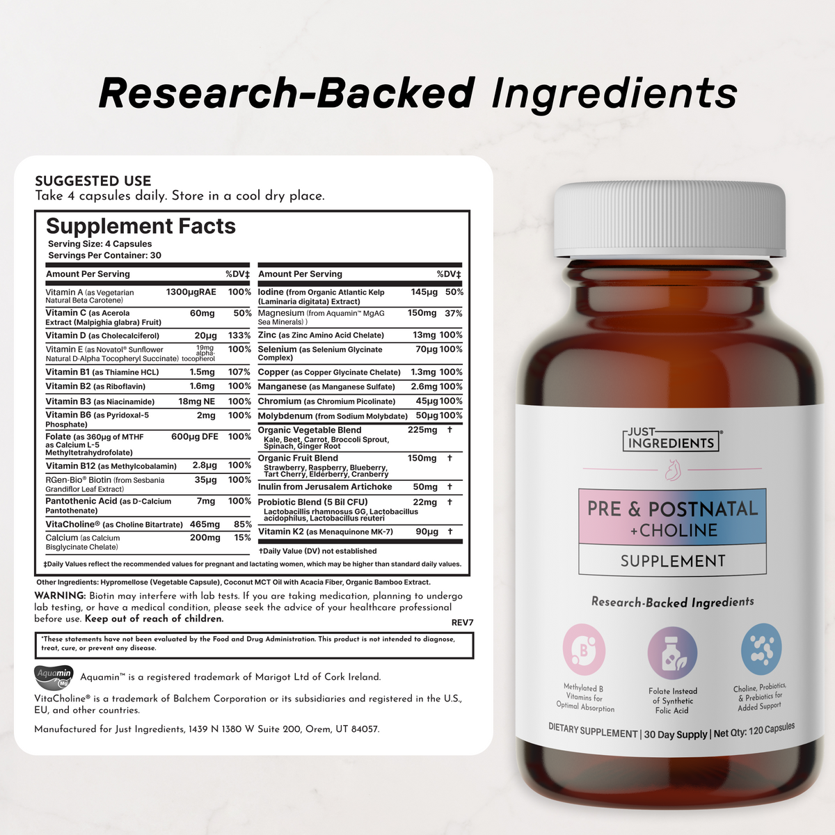 Amber glass bottle of prenatal and postnatal supplement capsules with white lid and label showing ingredients and nutrition f