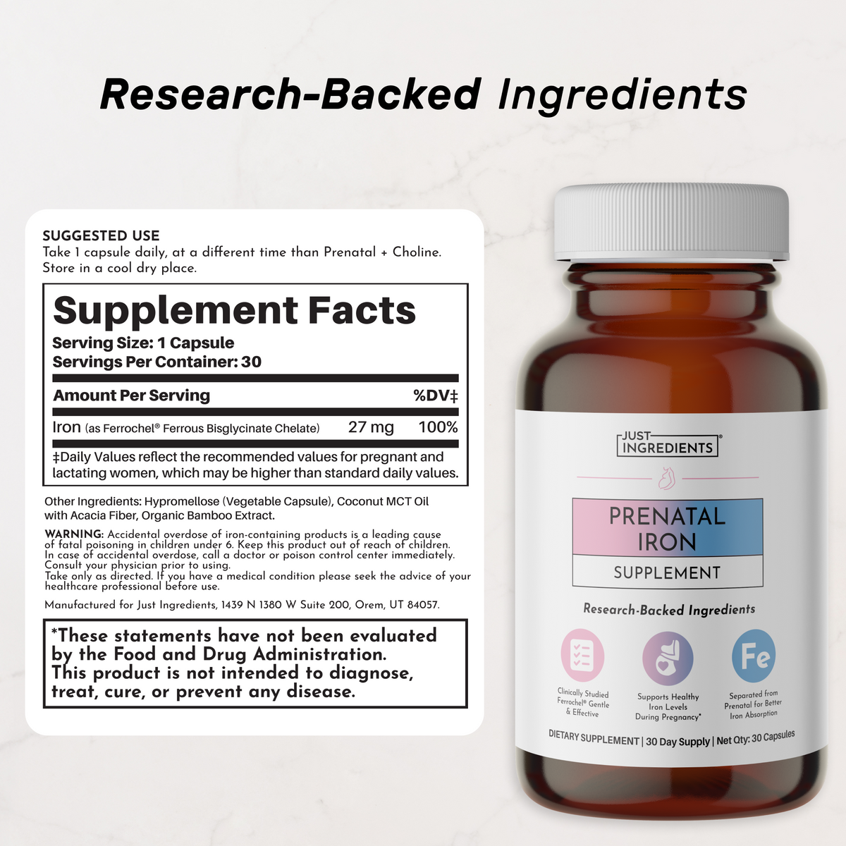 Dark amber glass supplement bottle with white cap labeled "Prenatal Iron Supplement" by Just Ingredients, 30-capsule containe