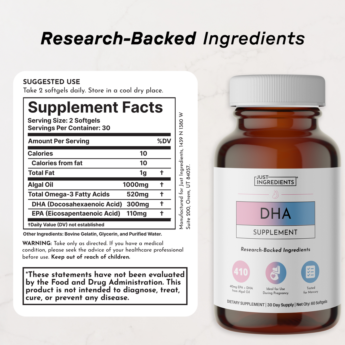 Amber glass bottle of DHA supplement softgels with white cap, displaying supplement facts label and ingredient information on