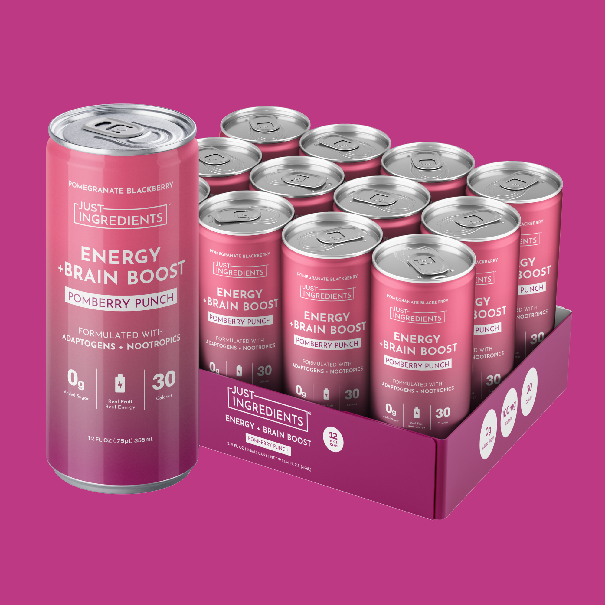 Twelve pink-labeled Pomberry Punch Energy + Brain Boost cans arranged together, showing product labels and nutritional information.