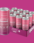 Twelve pink-labeled Pomberry Punch Energy + Brain Boost cans arranged together, showing product labels and nutritional information.