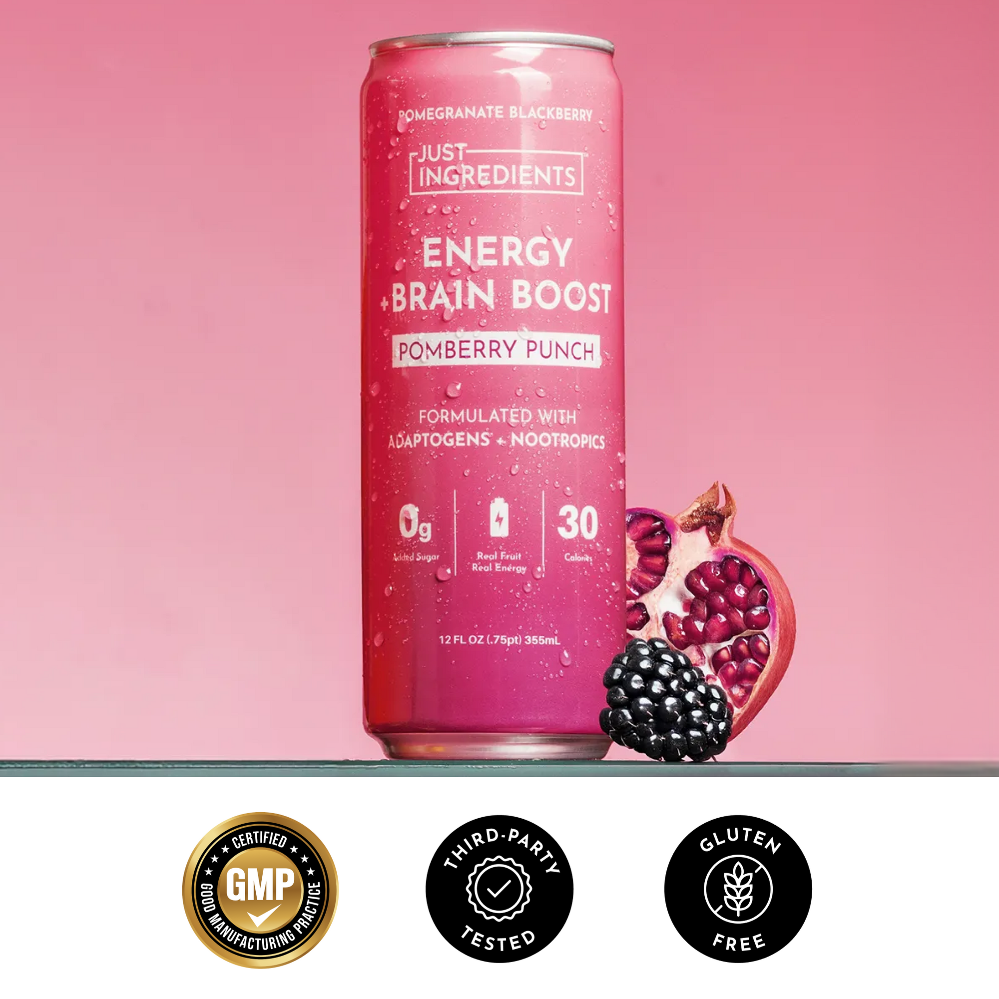Checklist graphic listing benefits of the sparkling energy drink: real fruit flavor, caffeine, vitamins, and no added sugars.