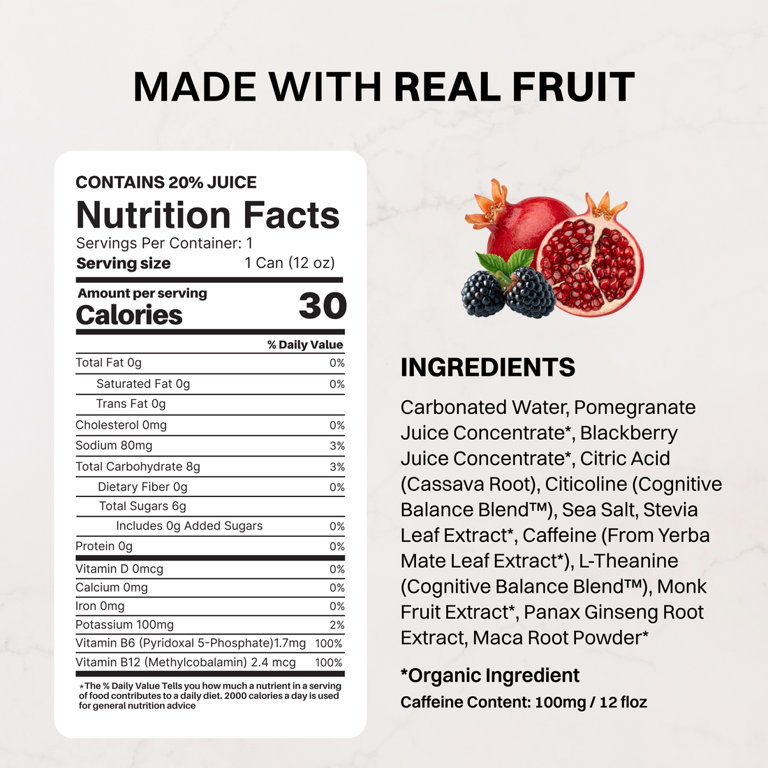 Three Pomberry Punch Energy + Brain Boost cans on a pink background highlighting the product labels and nutrition text.