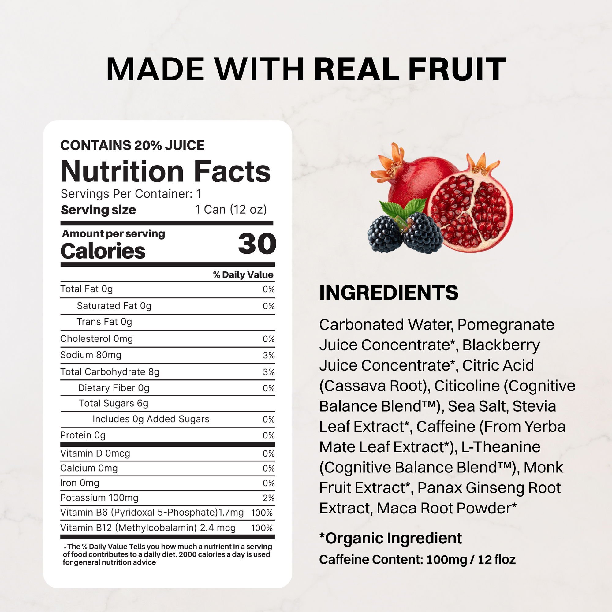 Three Pomberry Punch Energy + Brain Boost cans on a pink background highlighting the product labels and nutrition text.