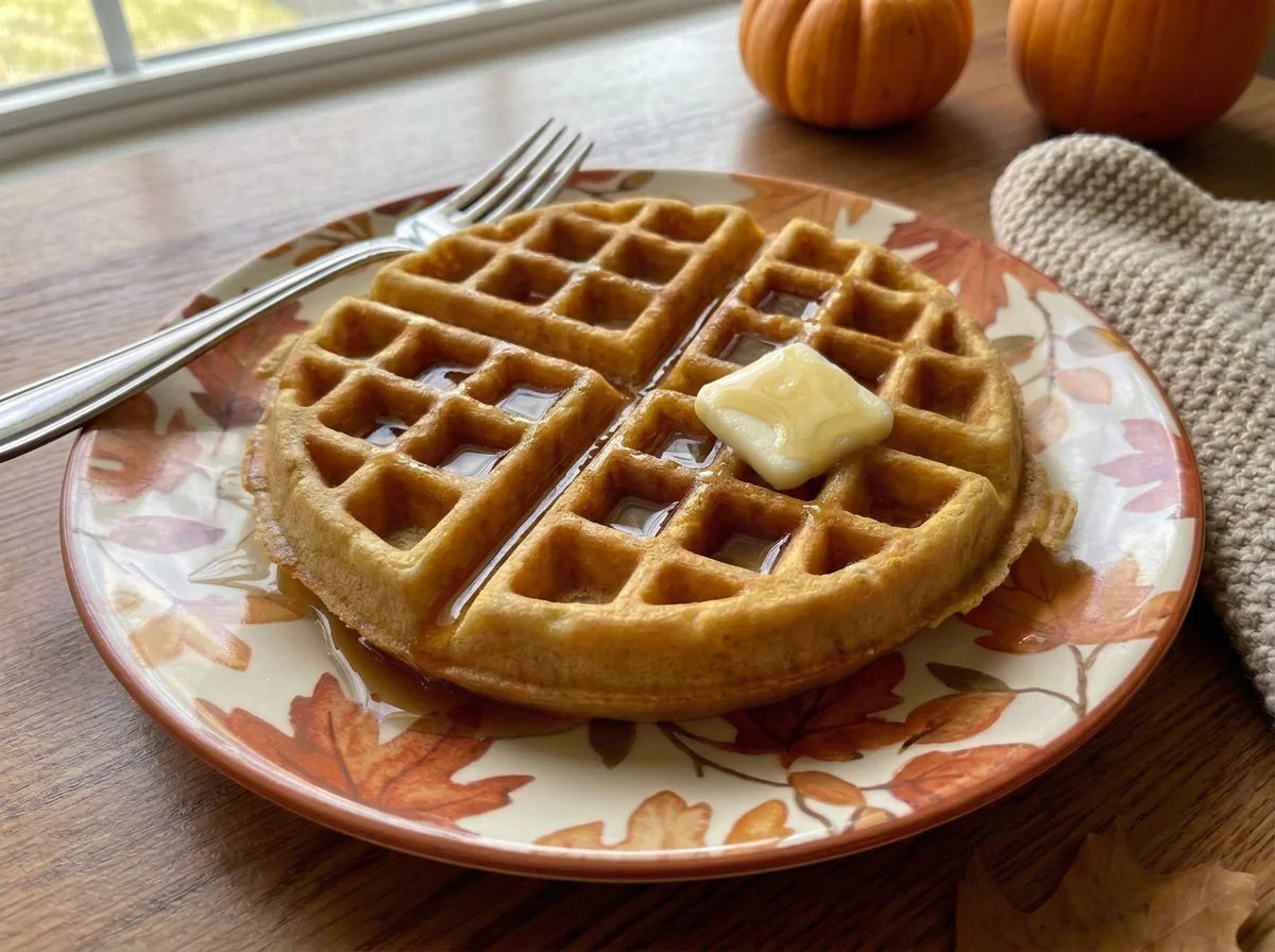 Pumpkin waffle topped with butter and maple syrup, made with Just Ingredients Pumpkin Spice Protein Powder