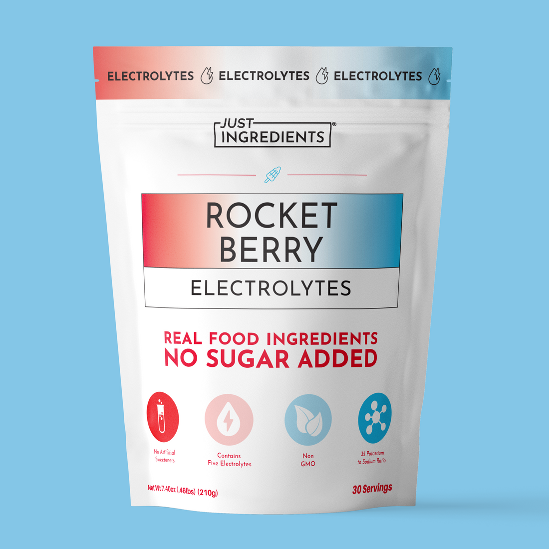 Rocket Berry Electrolytes product pouch front — raspberry and lime flavor packaging mockup