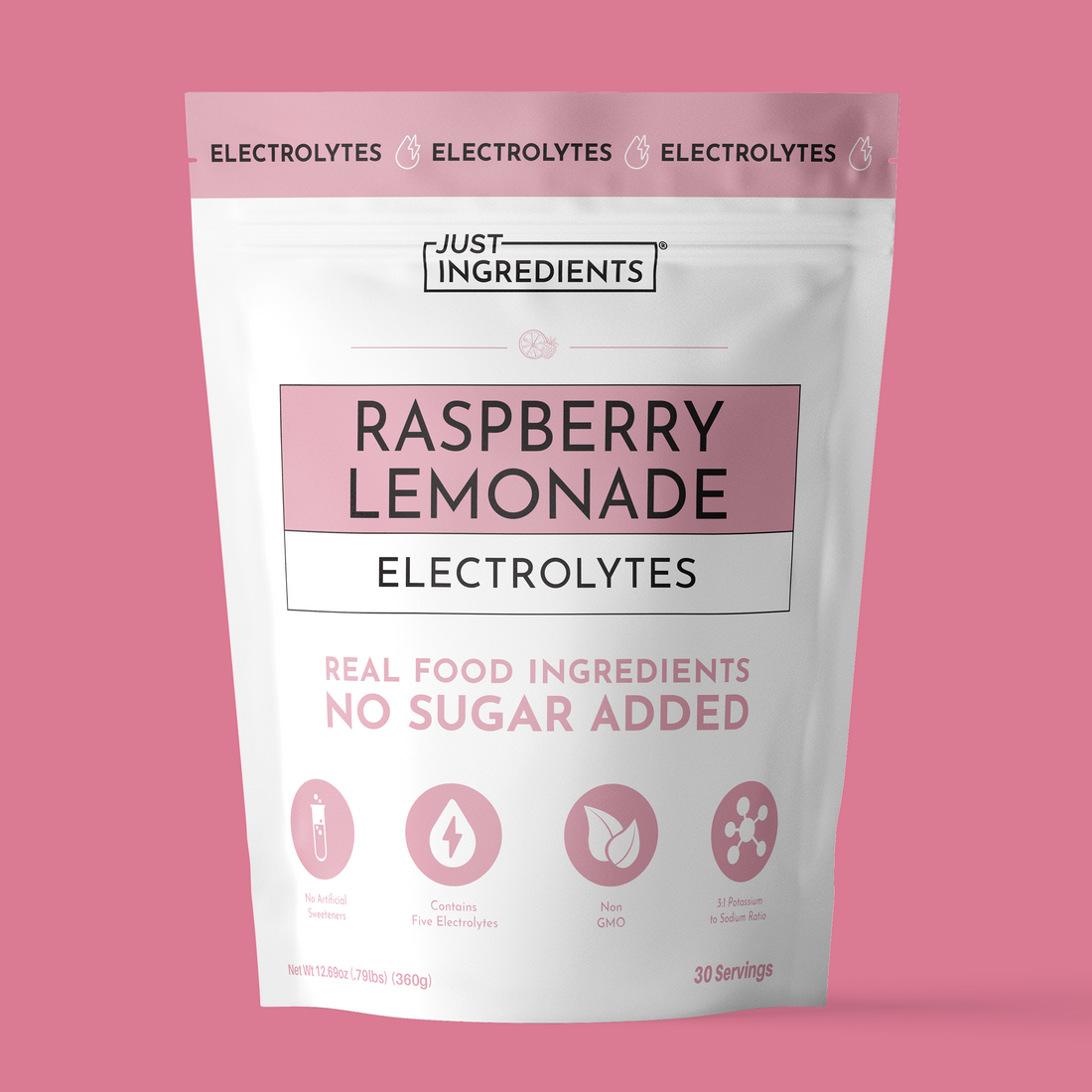 Pouch labeled 'Raspberry Lemonade Electrolytes' with product details and pink-and-white packaging.