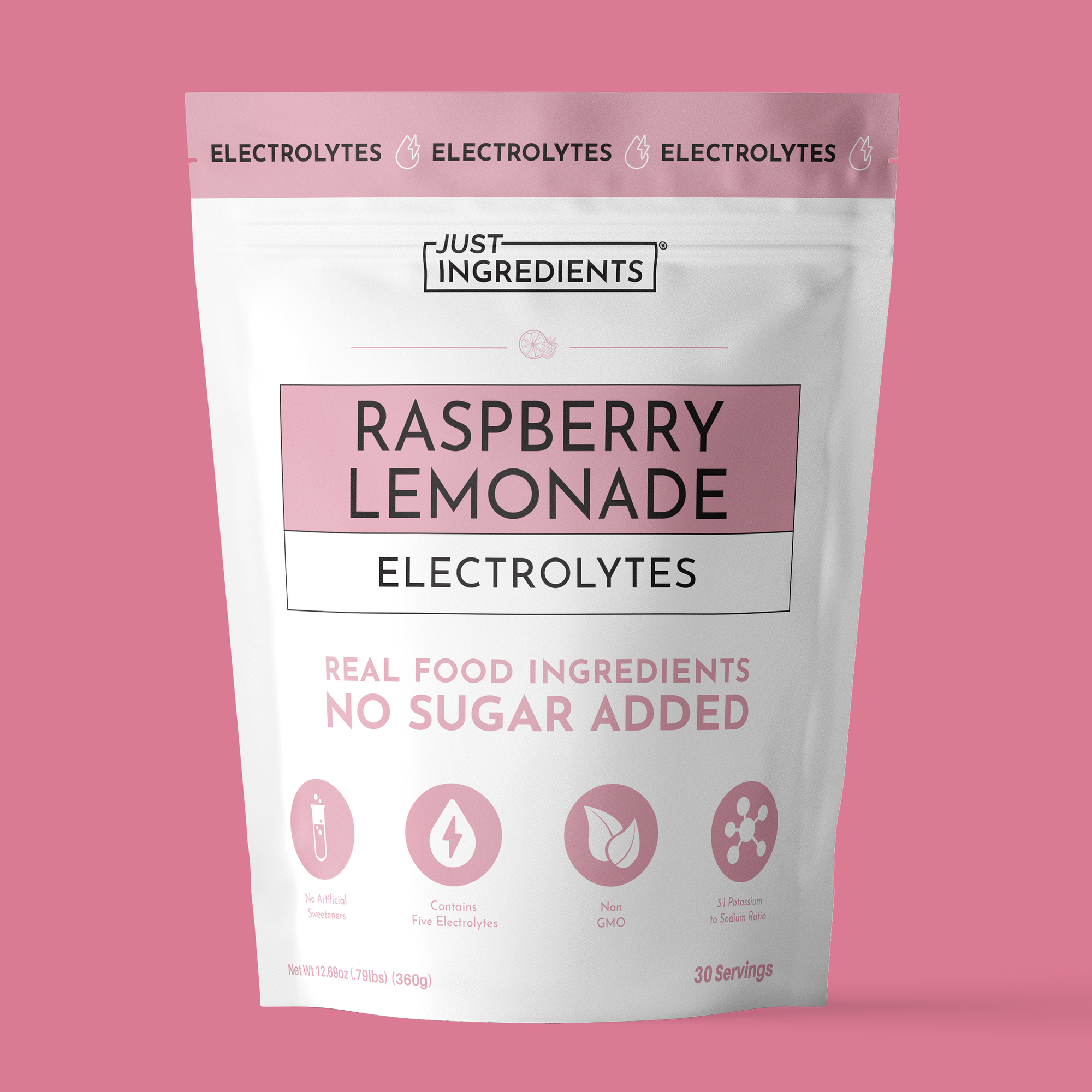 Pouch labeled 'Raspberry Lemonade Electrolytes' with product details and pink-and-white packaging.