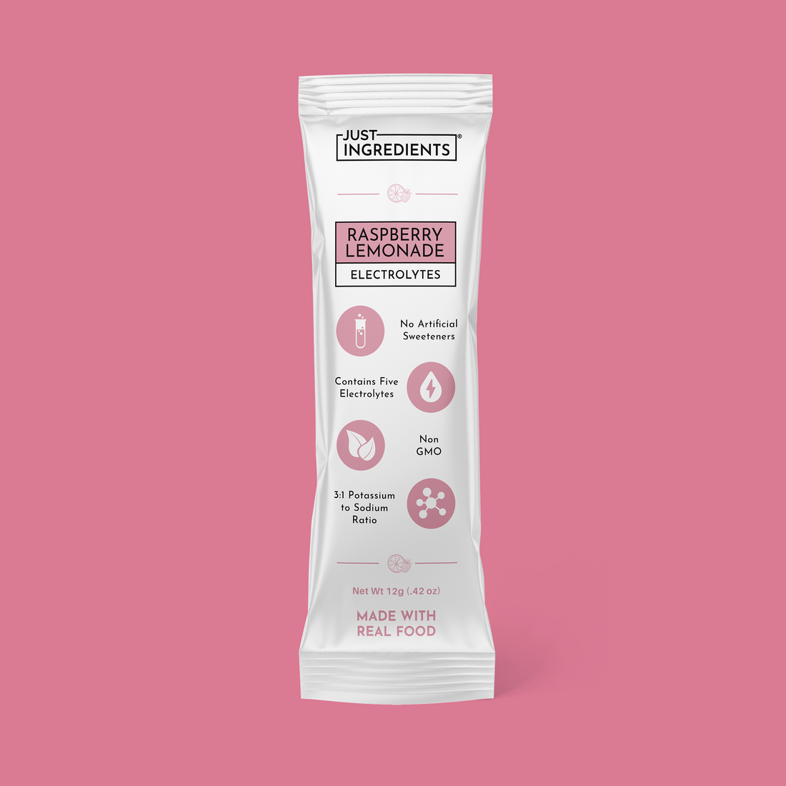 Raspberry Lemonade electrolyte stick packet and pouch showing product name and ingredient highlights.