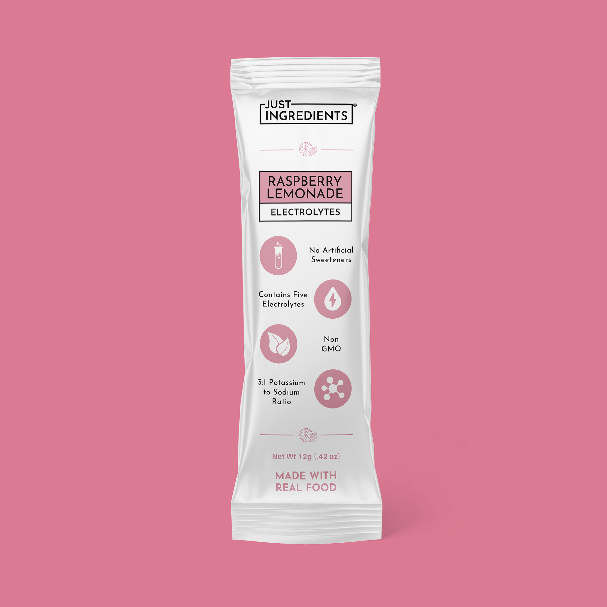 Raspberry Lemonade electrolyte stick packet and pouch showing product name and ingredient highlights.