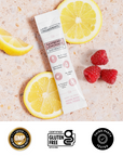 Benefit checklist graphic: real fruit, no added sugar, no artificial flavors — Raspberry Lemonade Electrolytes.