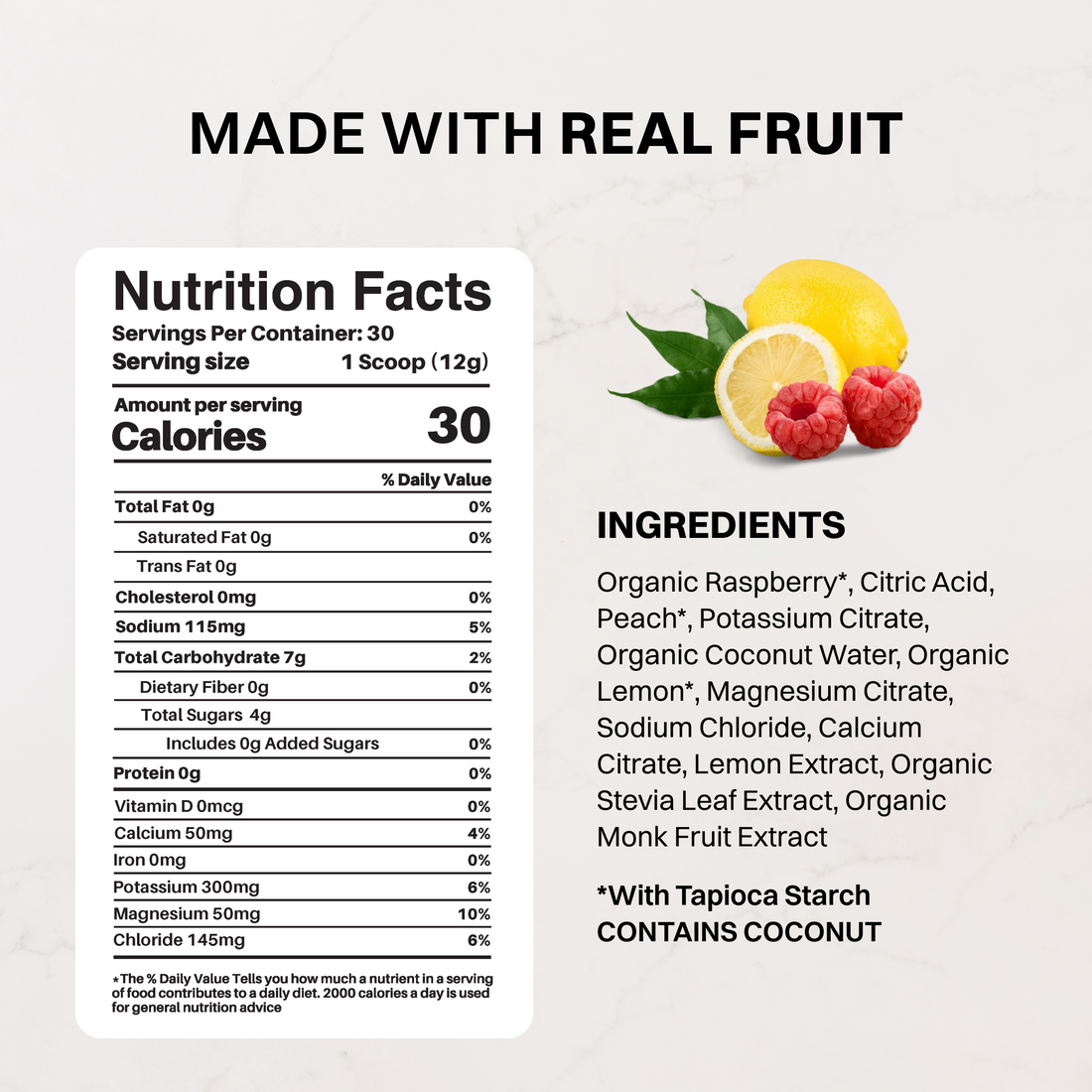 Pouch of Raspberry Lemonade Electrolytes next to a glass of red drink, lemon wedge, and raspberries.