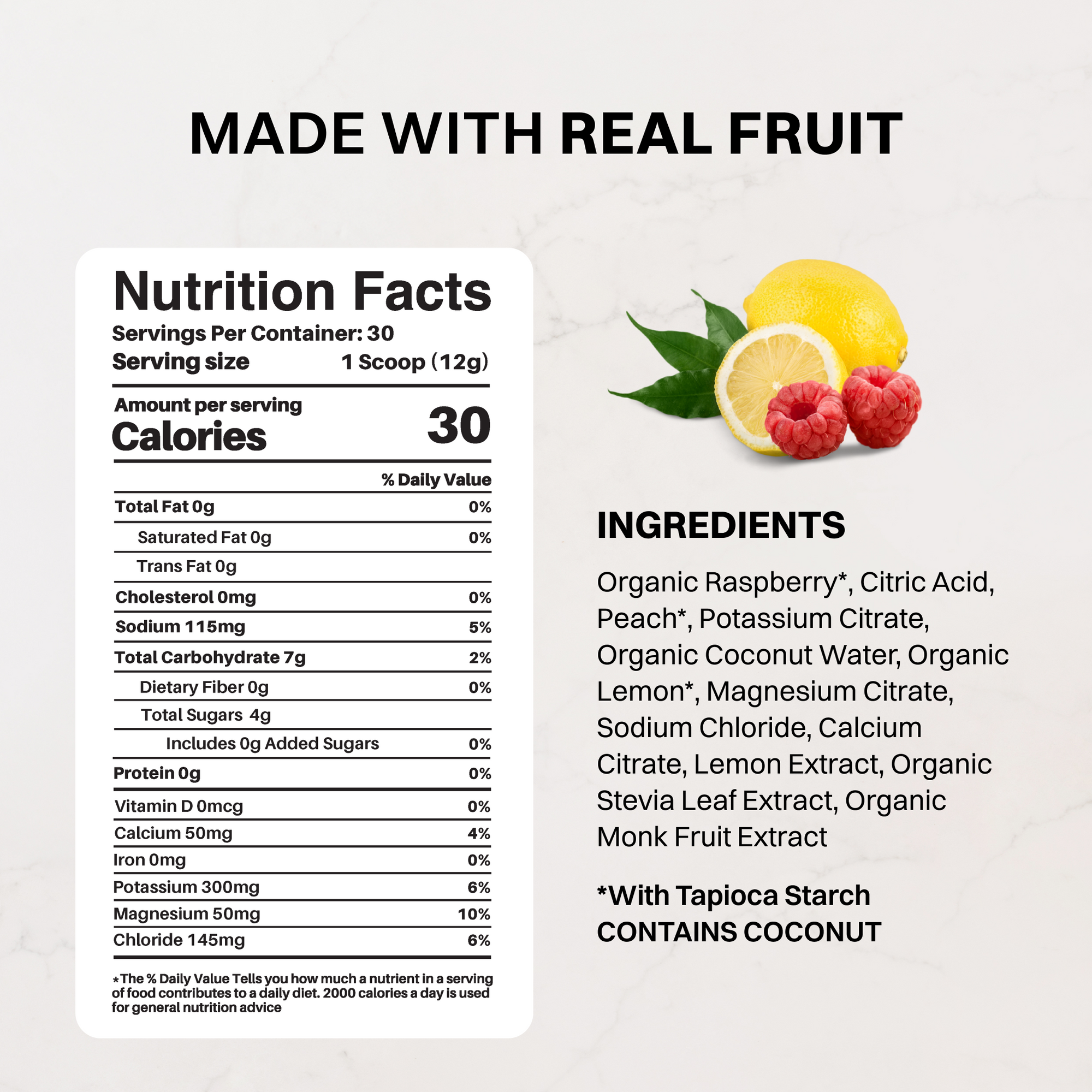 Pouch of Raspberry Lemonade Electrolytes next to a glass of red drink, lemon wedge, and raspberries.