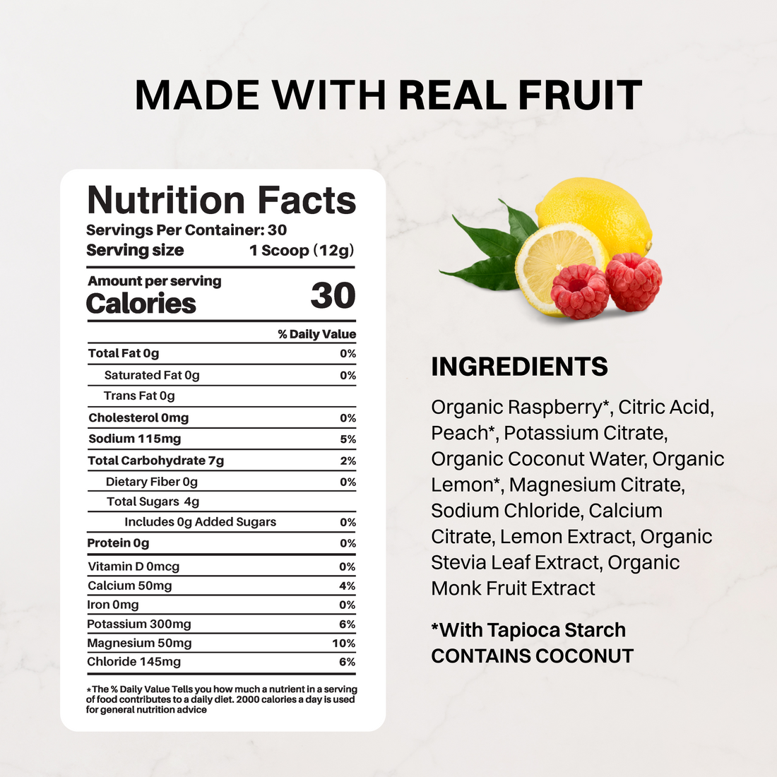 Electrolyte stick next to fresh raspberries and lemon slices on a white background.
