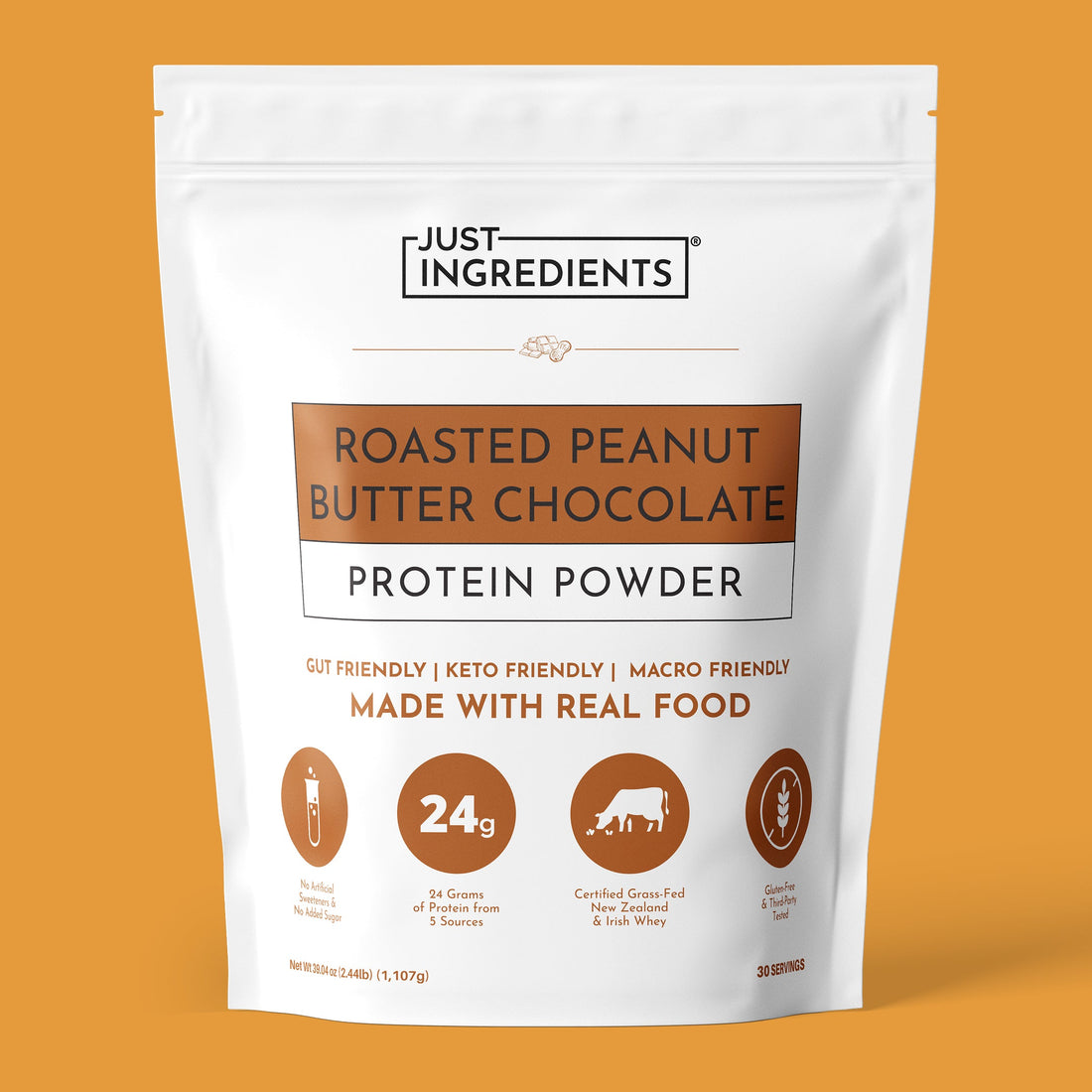 White pouch of Roasted Peanut Butter Chocolate Protein Powder on white background with nutrition panel visible.