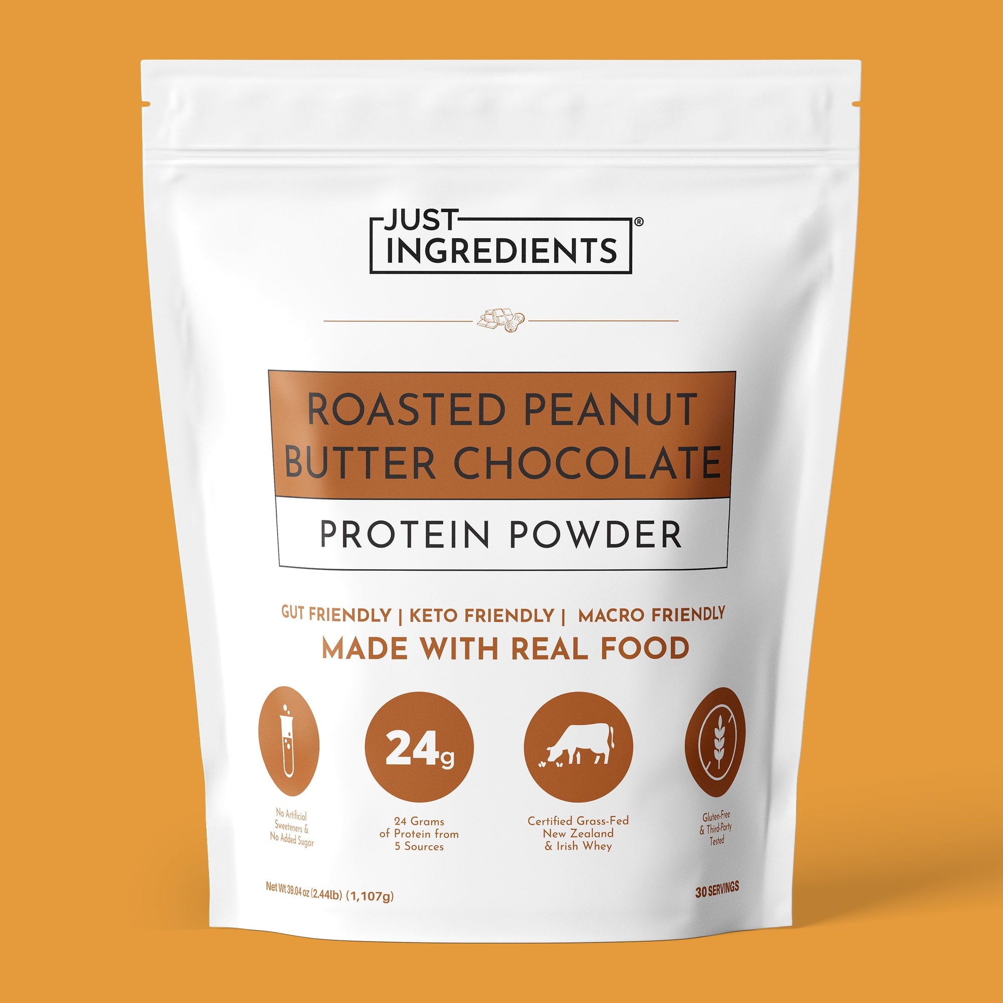 White pouch of Roasted Peanut Butter Chocolate Protein Powder on white background with nutrition panel visible.