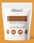 White pouch of Roasted Peanut Butter Chocolate Protein Powder on white background with nutrition panel visible.
