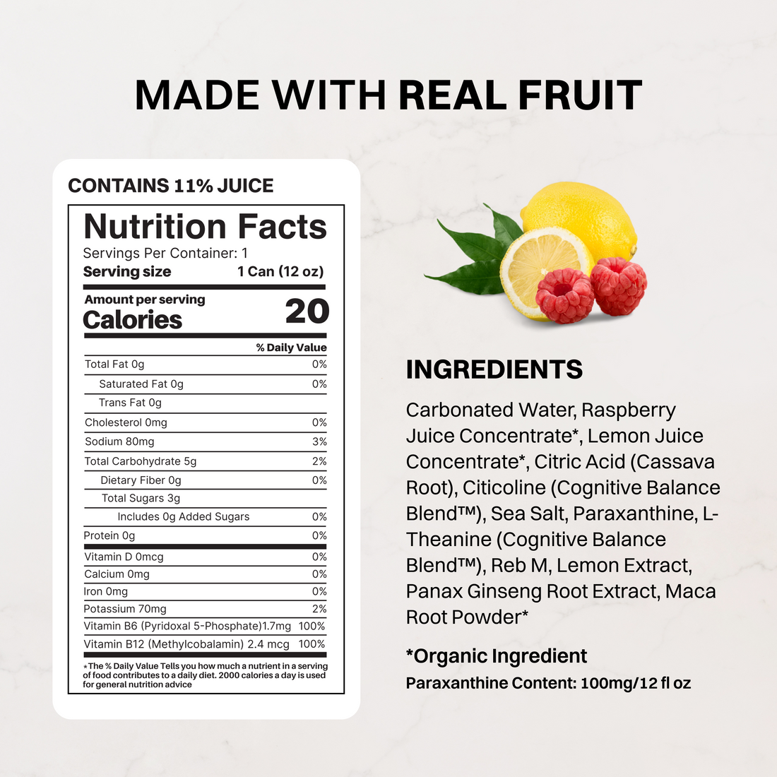 Raspberry Rush Energy + Brain Boost (12 Pack) - Nutrition Panel