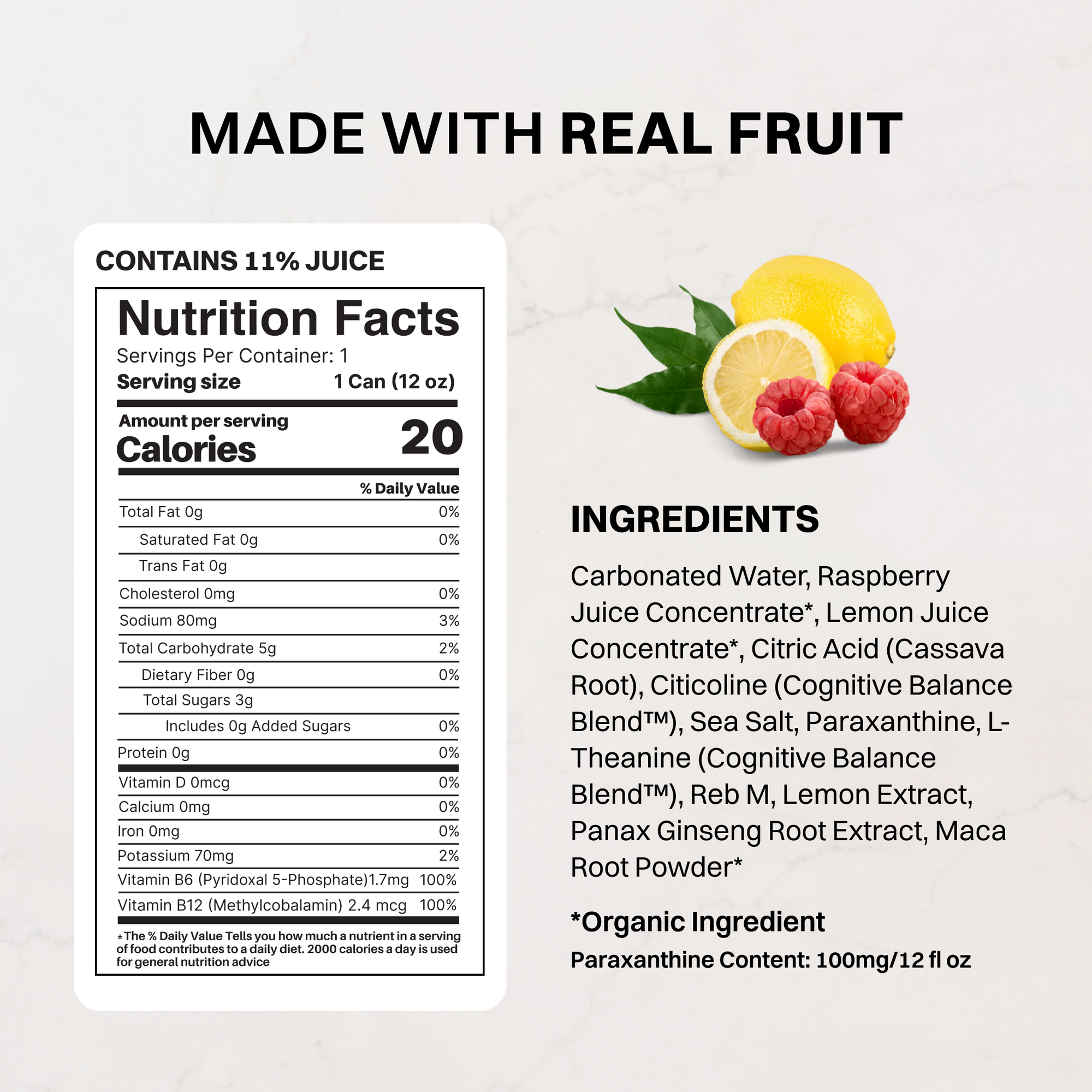 Raspberry Rush Energy + Brain Boost (12 Pack) - Nutrition Panel