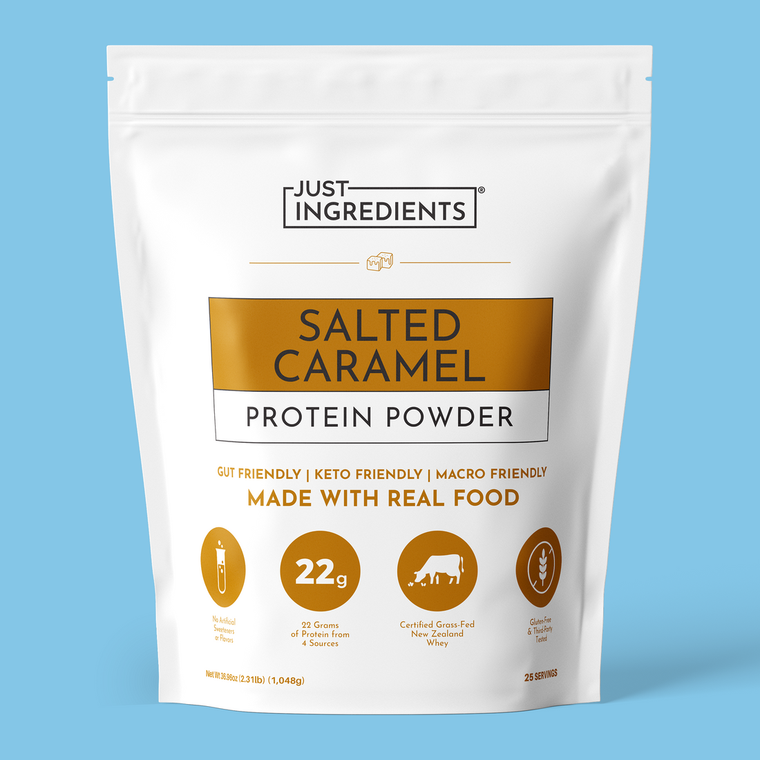 White pouch of Salted Caramel Protein Powder with nutrition panel and product branding on a white background.