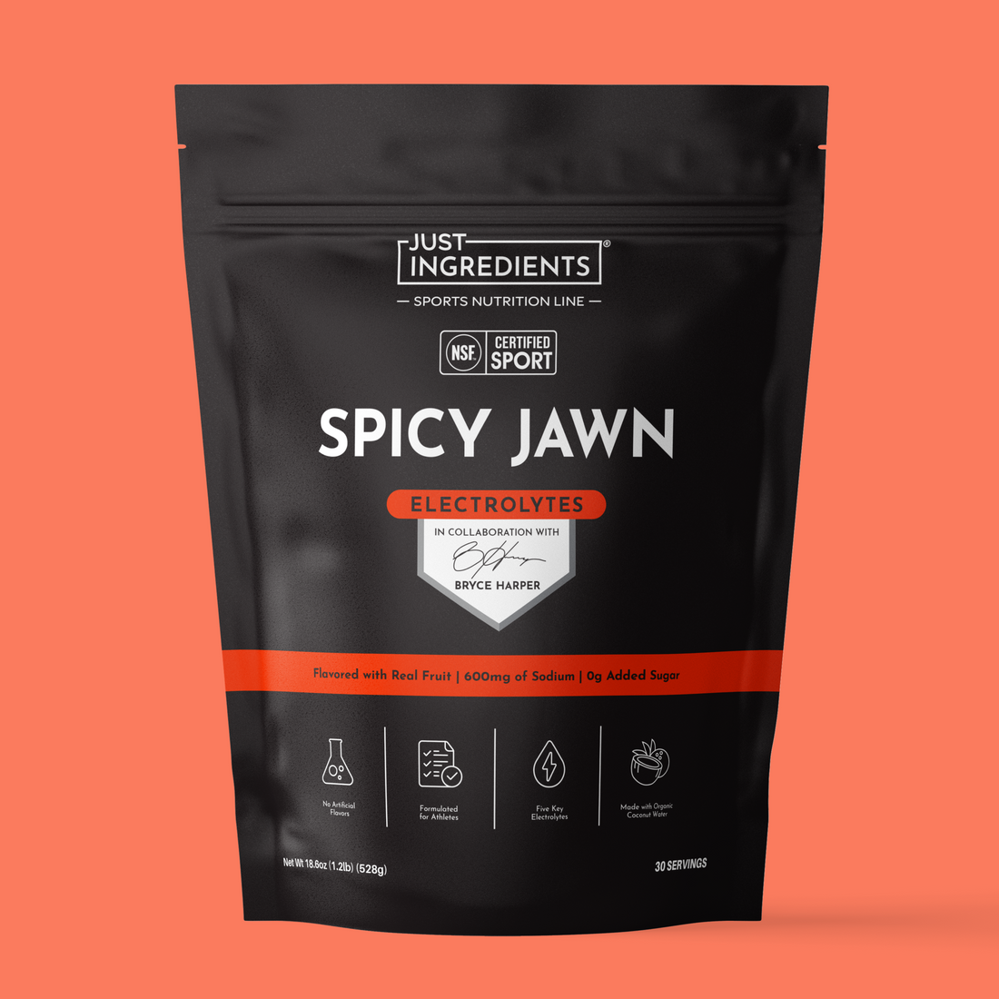Front view of Spicy Jawn Performance Electrolytes powder pouch with label
