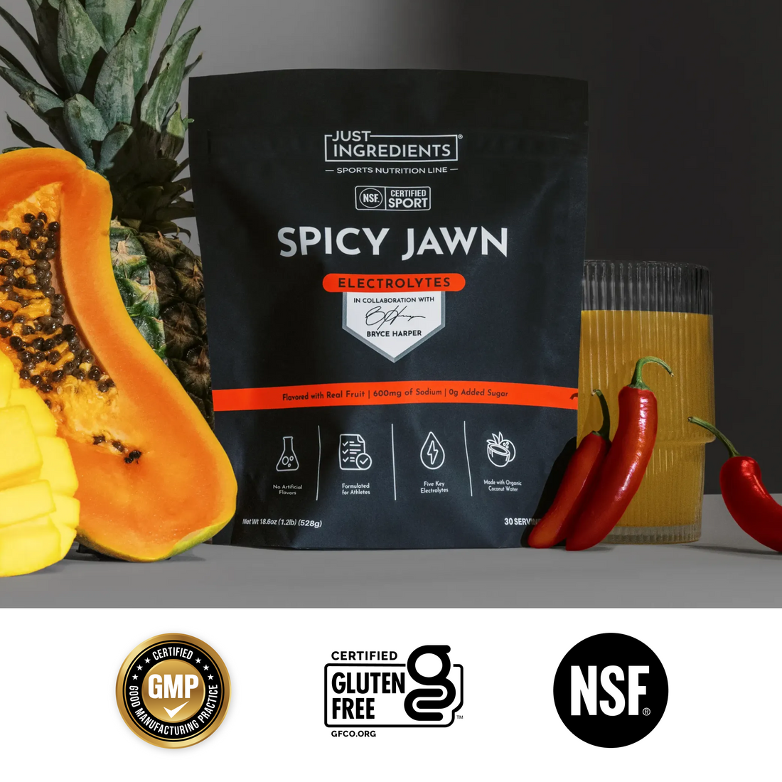 Certifications panel for Spicy Jawn Performance Electrolytes showing third‑party testing and gluten‑free icons