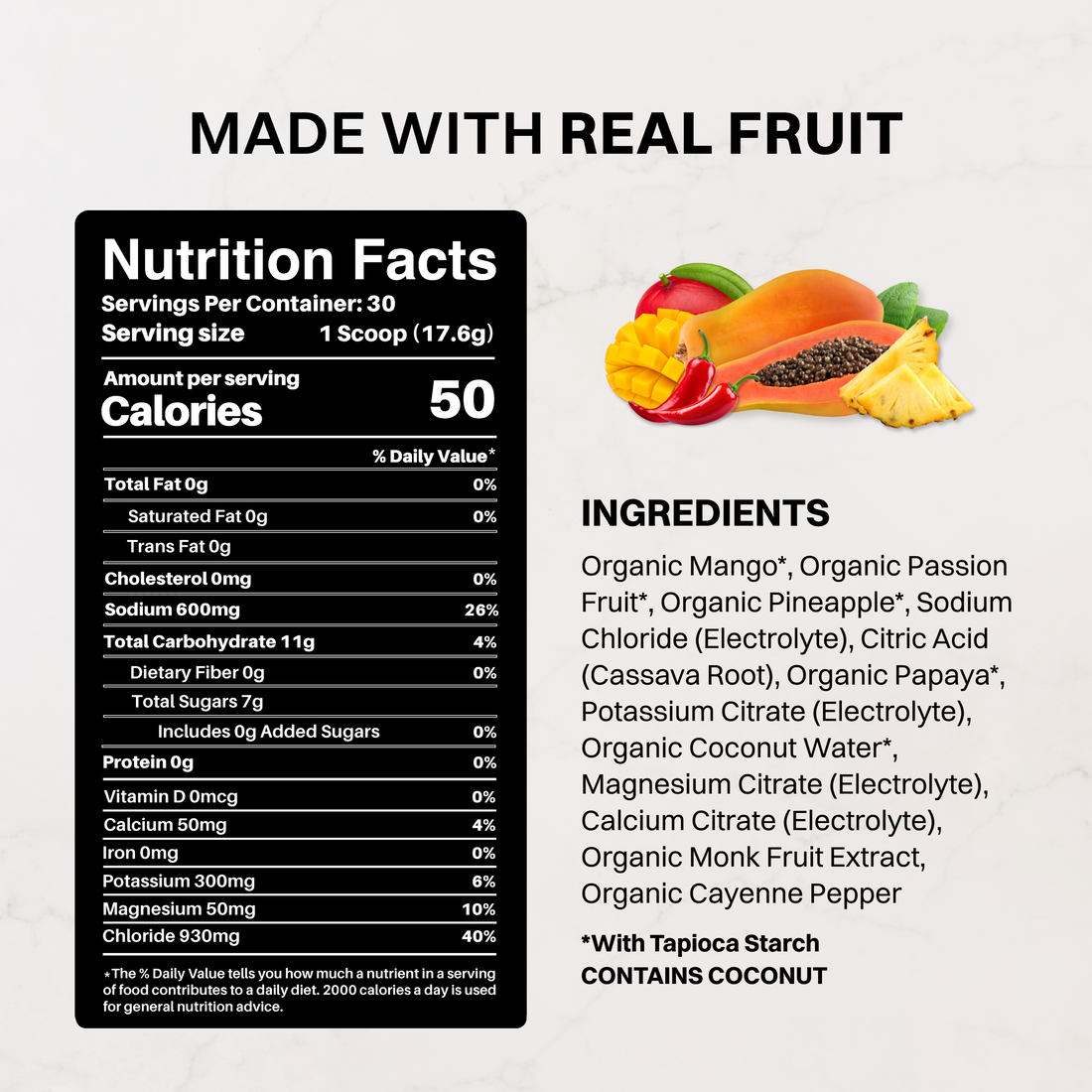 Nutrition facts and ingredient panel for Spicy Jawn Performance Electrolytes powder