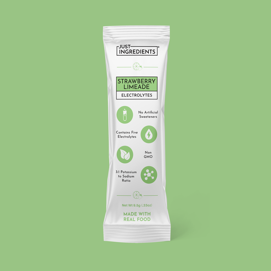 Strawberry Limeade electrolyte stick packet showing flavor name, ingredients and nutrition panel.