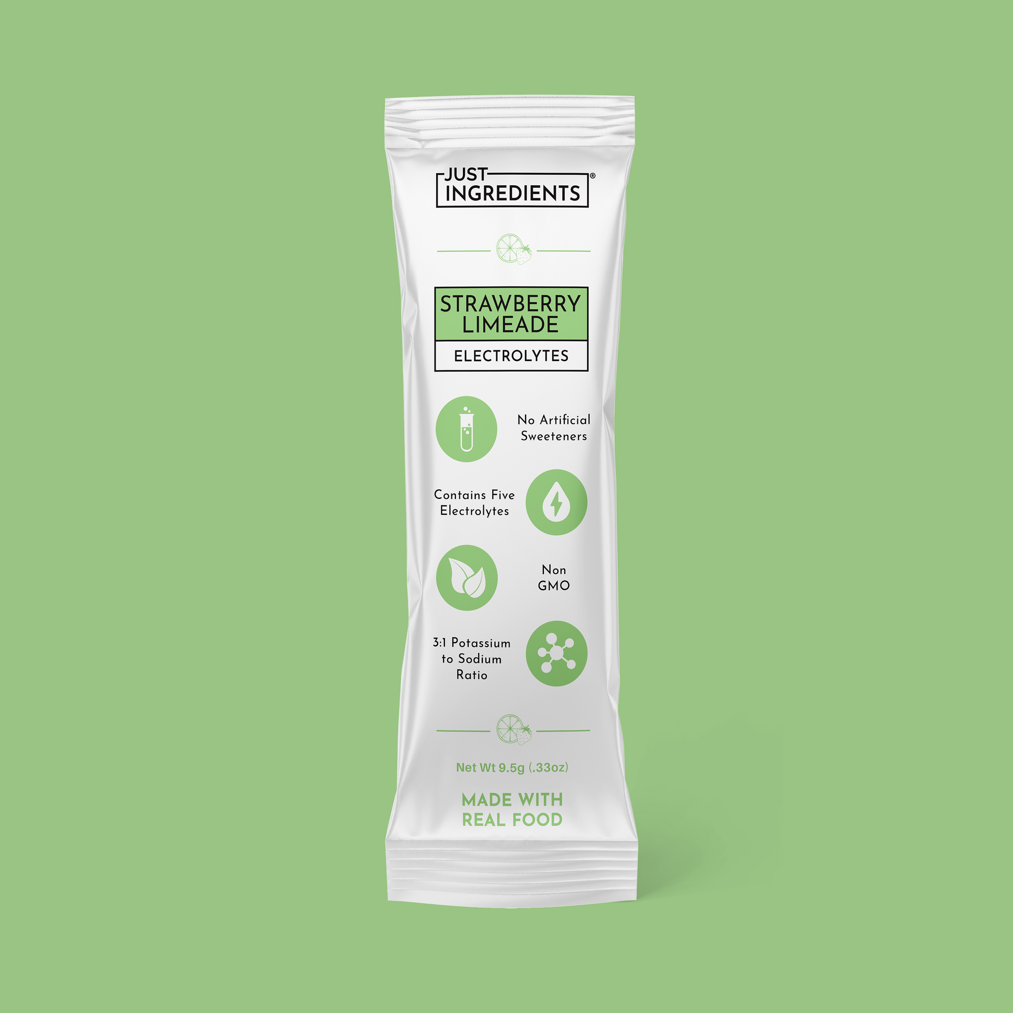 Strawberry Limeade electrolyte stick packet showing flavor name, ingredients and nutrition panel.