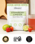 Checklist graphic showing benefits of Strawberry Limeade Electrolytes with colorful scoops on pink background.