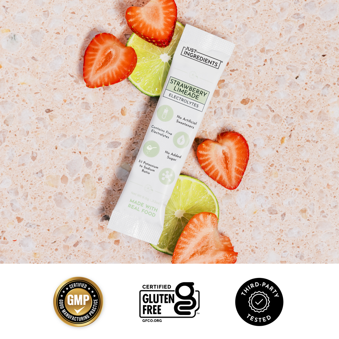 Checklist graphic: made with real fruit, no added sugar, no artificial flavors.