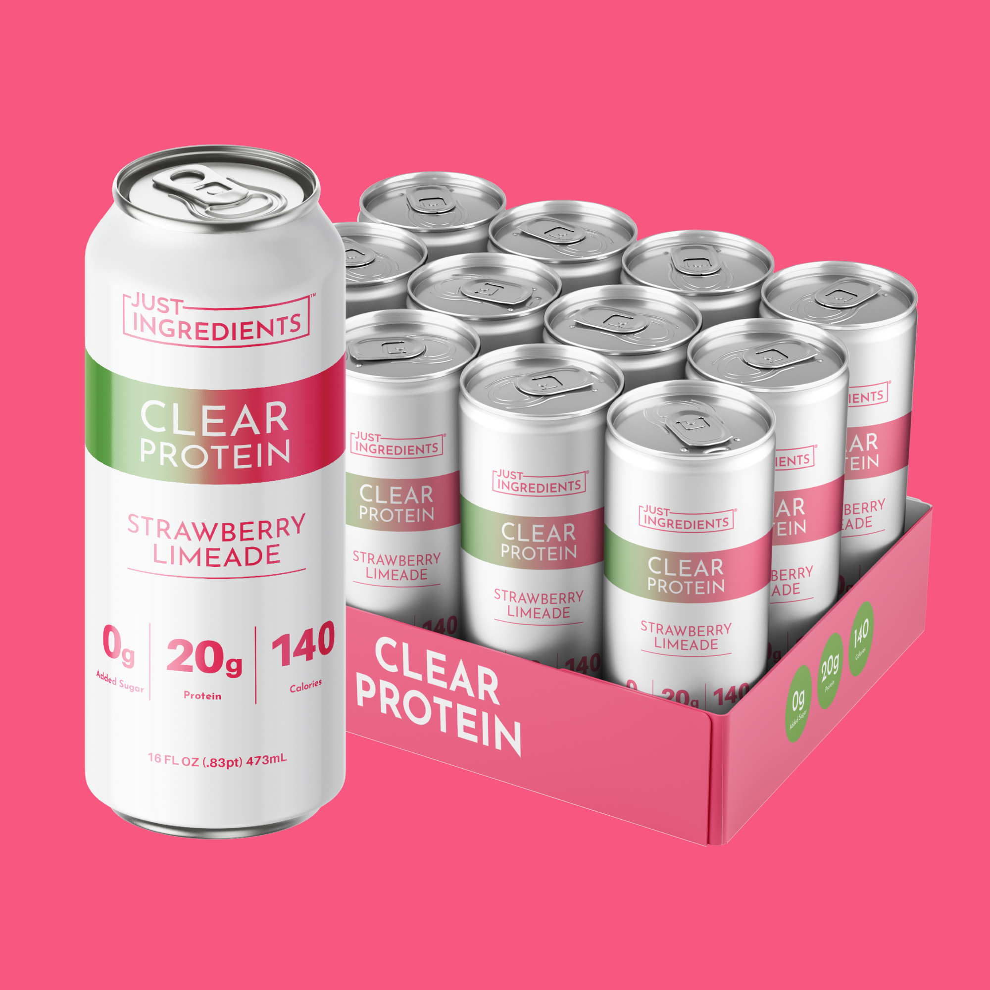Box of twelve Strawberry Limeade clear protein 16 fl oz cans, front-facing with nutrition information visible.